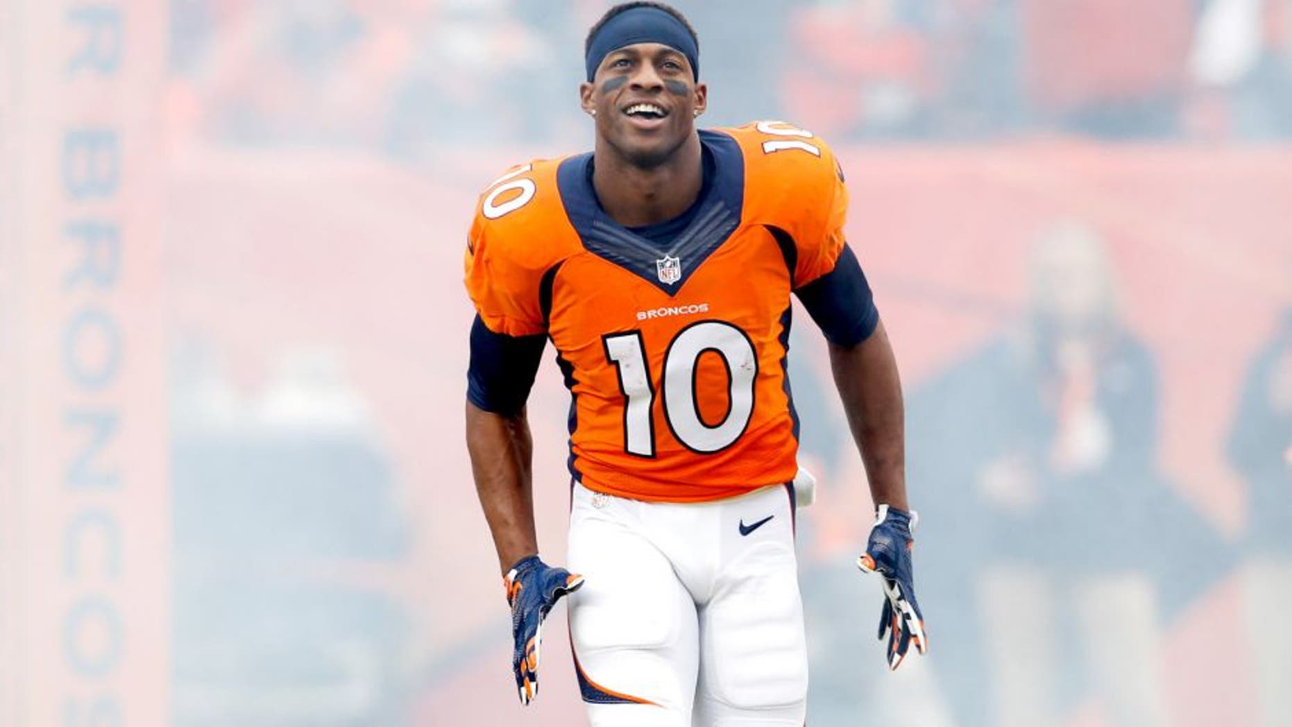 Jan 11, 2015; Denver, CO, USA; Denver Broncos wide receiver Emmanuel Sanders (10) in the 2014 AFC Divisional playoff football game against the Indianapolis Colts at Sports Authority Field at Mile High. Mandatory Credit: Chris Humphreys-USA TODAY Sports