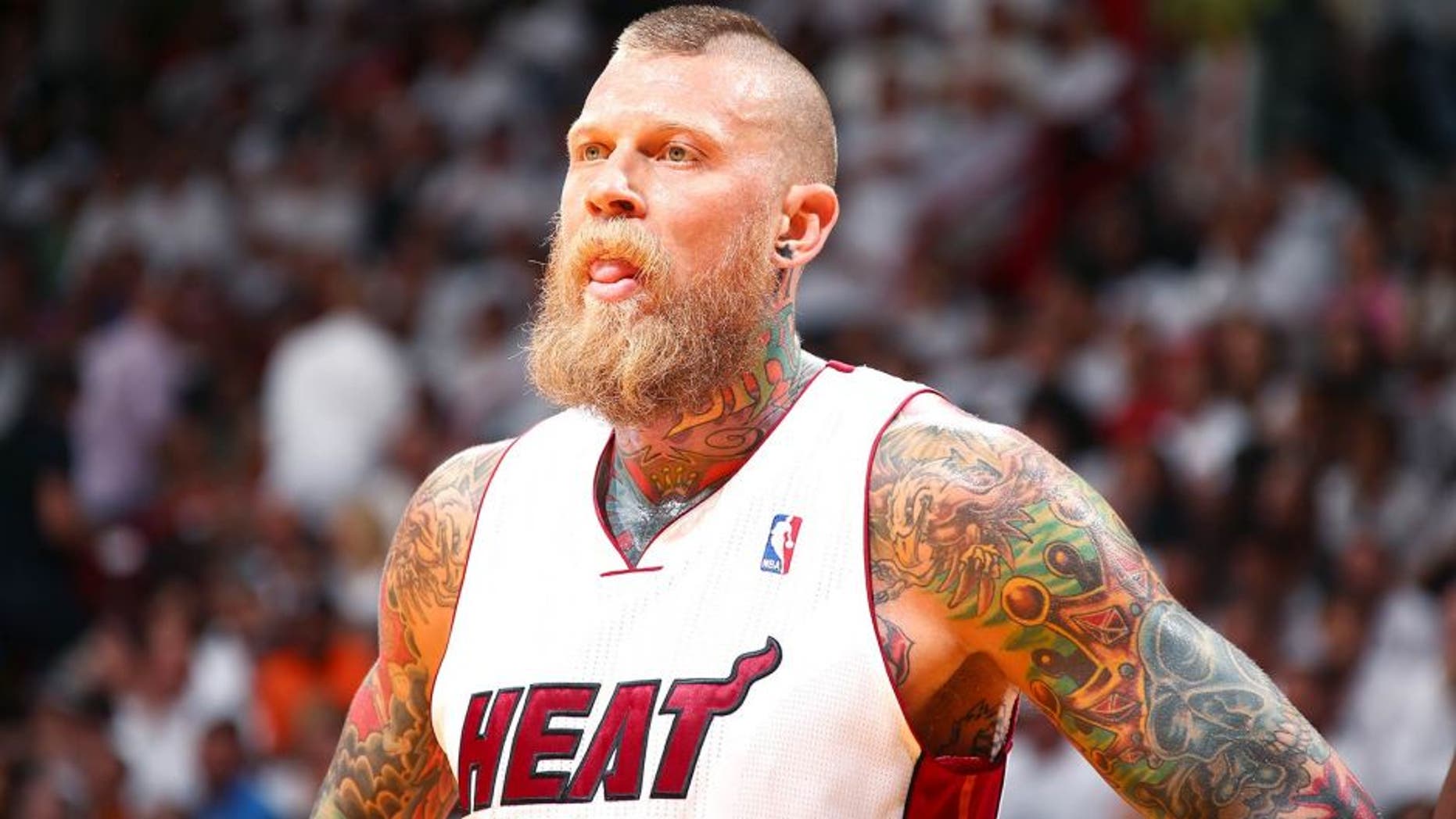 MIAMI, FL - APRIL 23: Chris Andersen #11 of the Miami Heat looks on during the game against the Charlotte Bobcats in Game Two of the Eastern Conference Quarterfinals of the 2014 NBA playoffs at American Airlines Arena in Miami, Florida on April 23, 2014. NOTE TO USER: User expressly acknowledges and agrees that, by downloading and or using this photograph, User is consenting to the terms and conditions of the Getty Images License Agreement. Mandatory Copyright Notice: Copyright 2014 NBAE (Photo by Nathaniel S. Butler/NBAE via Getty Images)