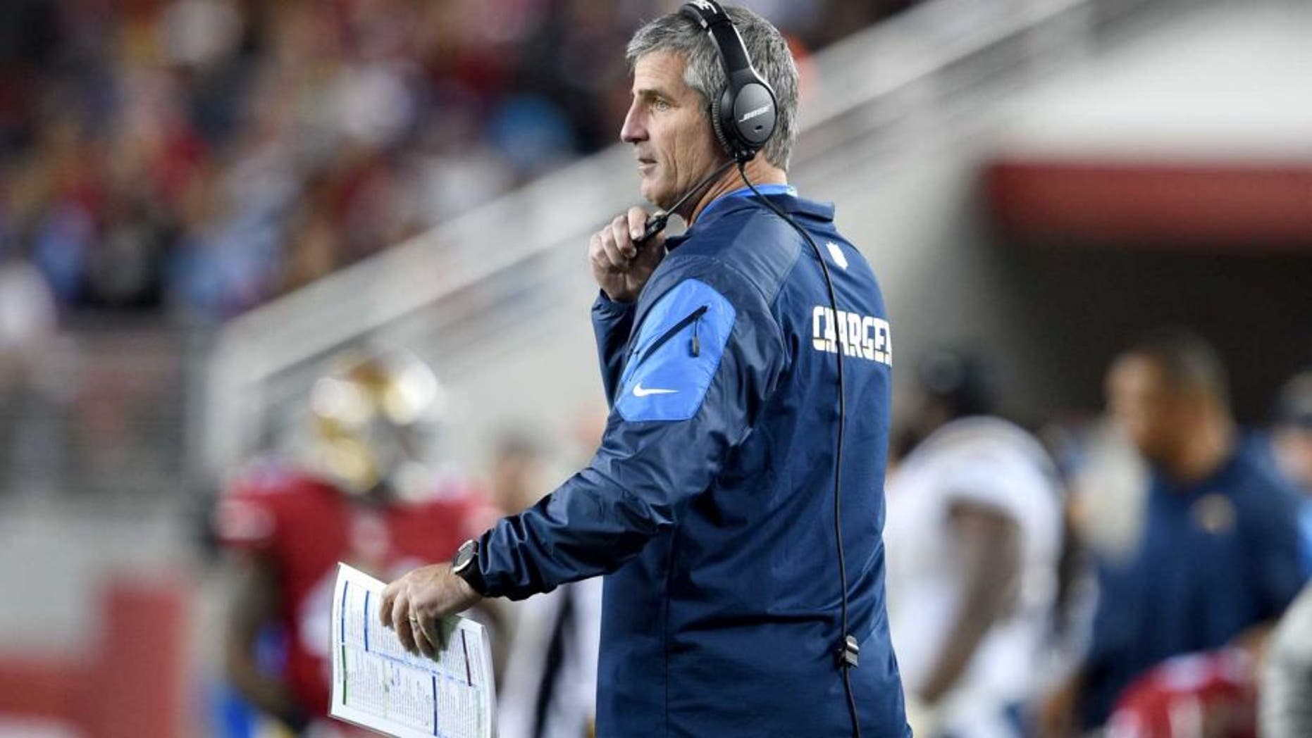 December 20, 2014; Santa Clara, CA, USA; San Diego Chargers offensive coordinator Frank Reich during the fourth quarter against the San Francisco 49ers at Levi's Stadium. The Chargers defeated the 49ers 38-35. Mandatory Credit: Kyle Terada-USA TODAY Sports