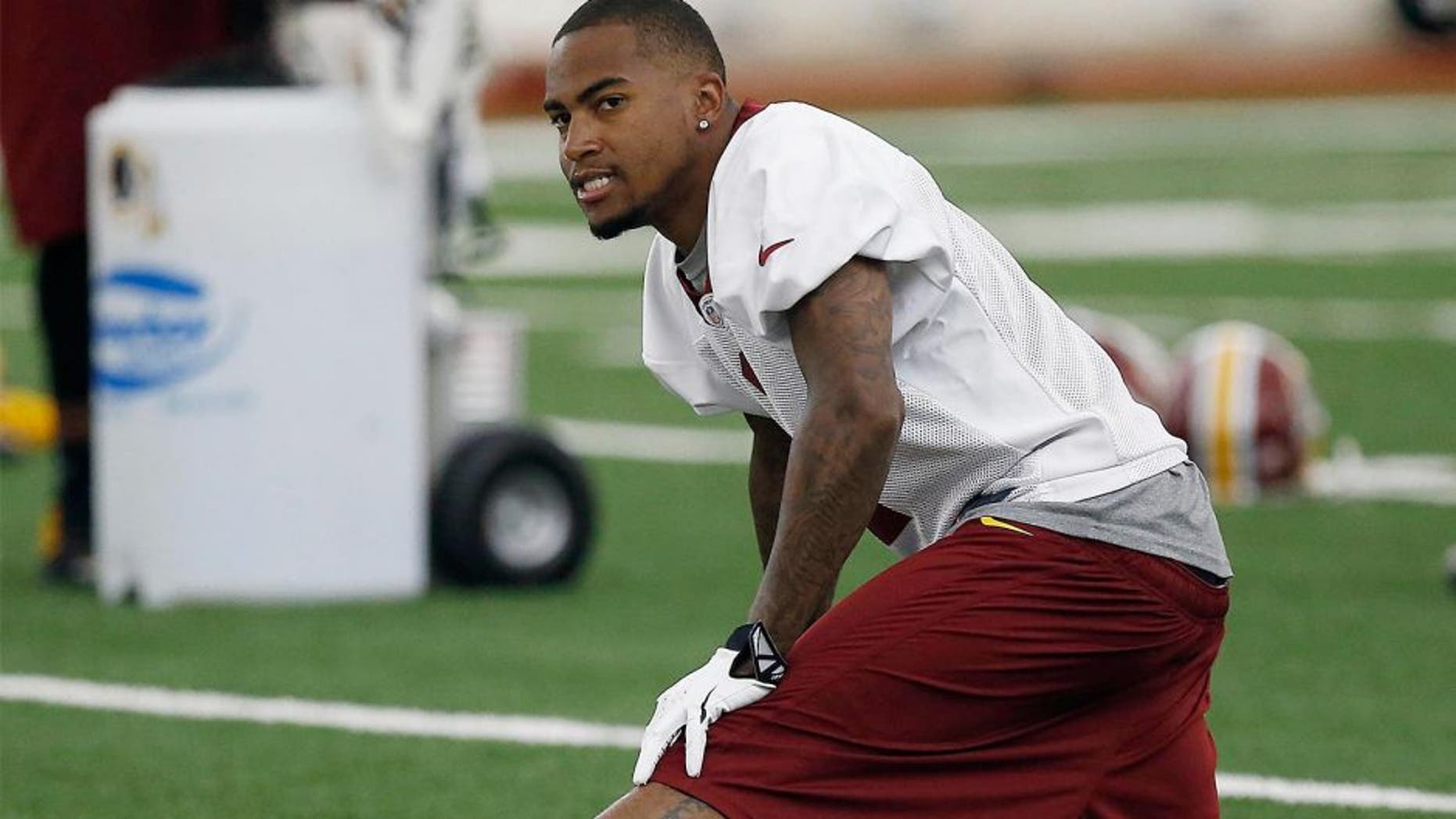 May 29, 2014; Ashburn, VA, USA; Washington Redskins wide receiver DeSean Jackson (1) stretches his leg during organized team activities at Redskins Park. Mandatory Credit: Geoff Burke-USA TODAY Sports