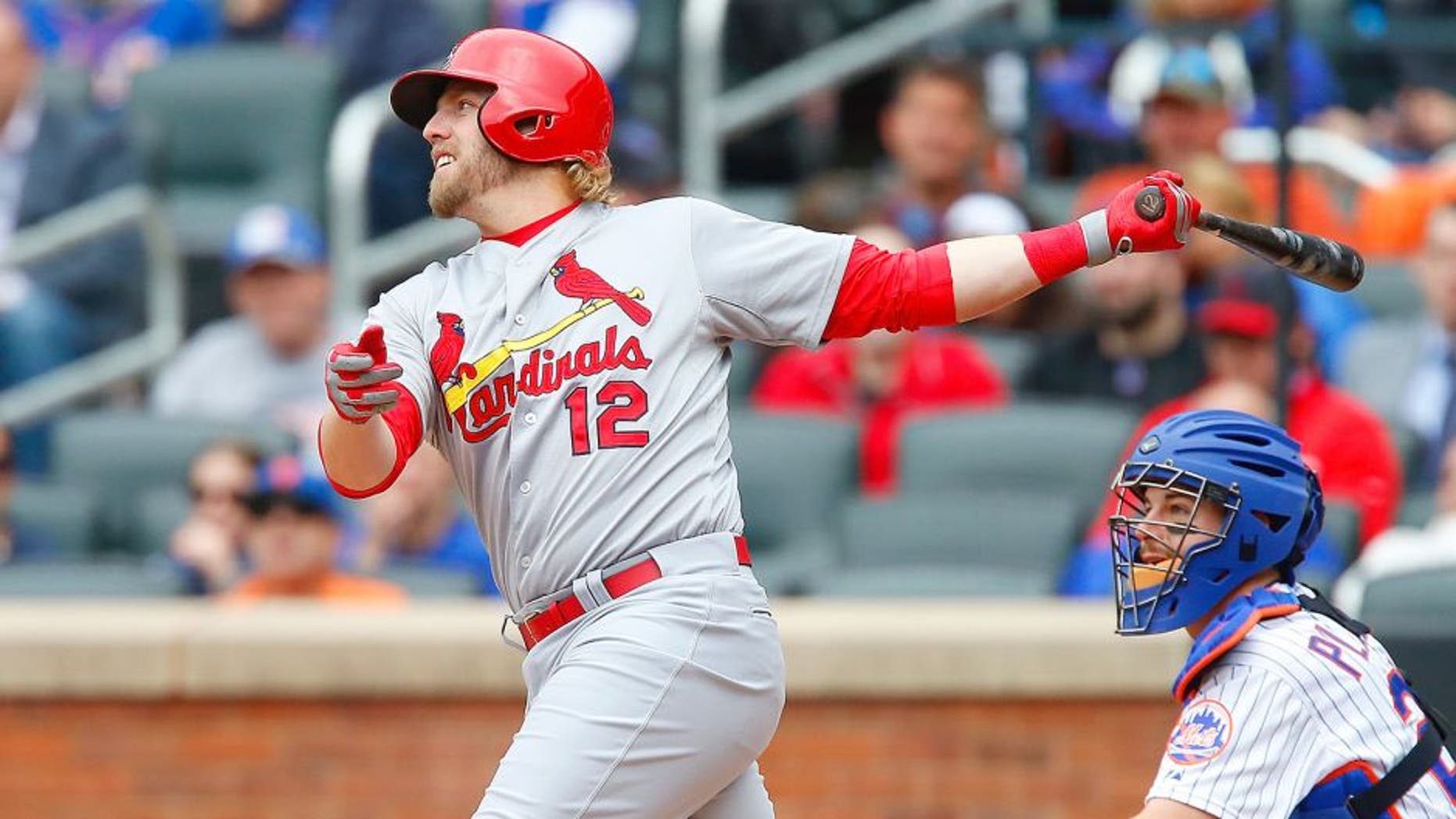 NEW YORK, NY - MAY 21: (NEW YORK DAILIES OUT) Mark Reynolds #12 of the St. Louis Cardinals in action against the New York Mets at Citi Field on May 21, 2015 in the Flushing neighborhood of the Queens borough of New York City. The Mets defeated the Cardinals 5-0. (Photo by Jim McIsaac/Getty Images)