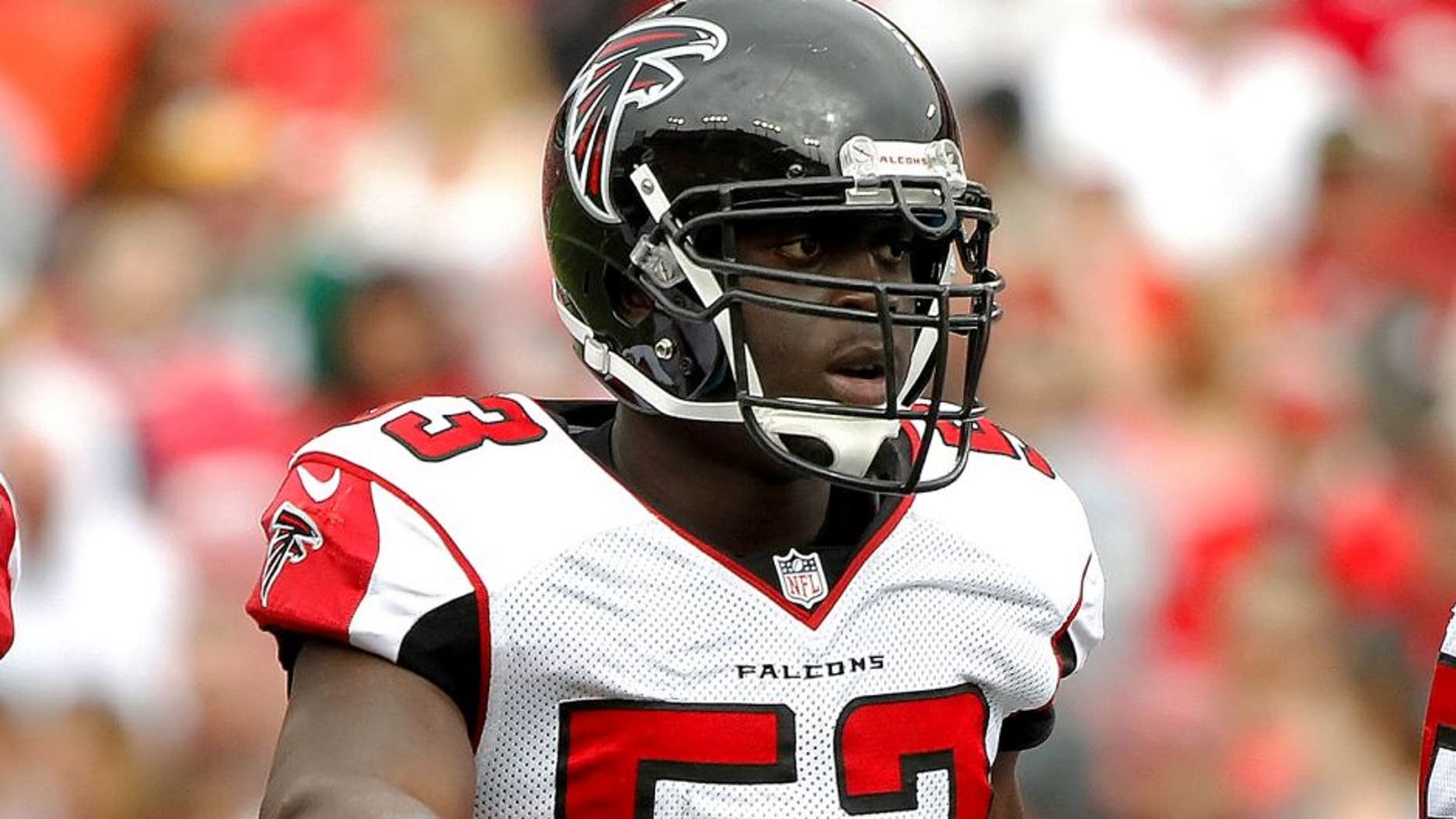 Nov 9, 2014; Tampa, FL, USA; Atlanta Falcons linebacker Prince Shembo (53) against the Tampa Bay Buccaneers during the second quarter at Raymond James Stadium. Mandatory Credit: Kim Klement-USA TODAY Sports