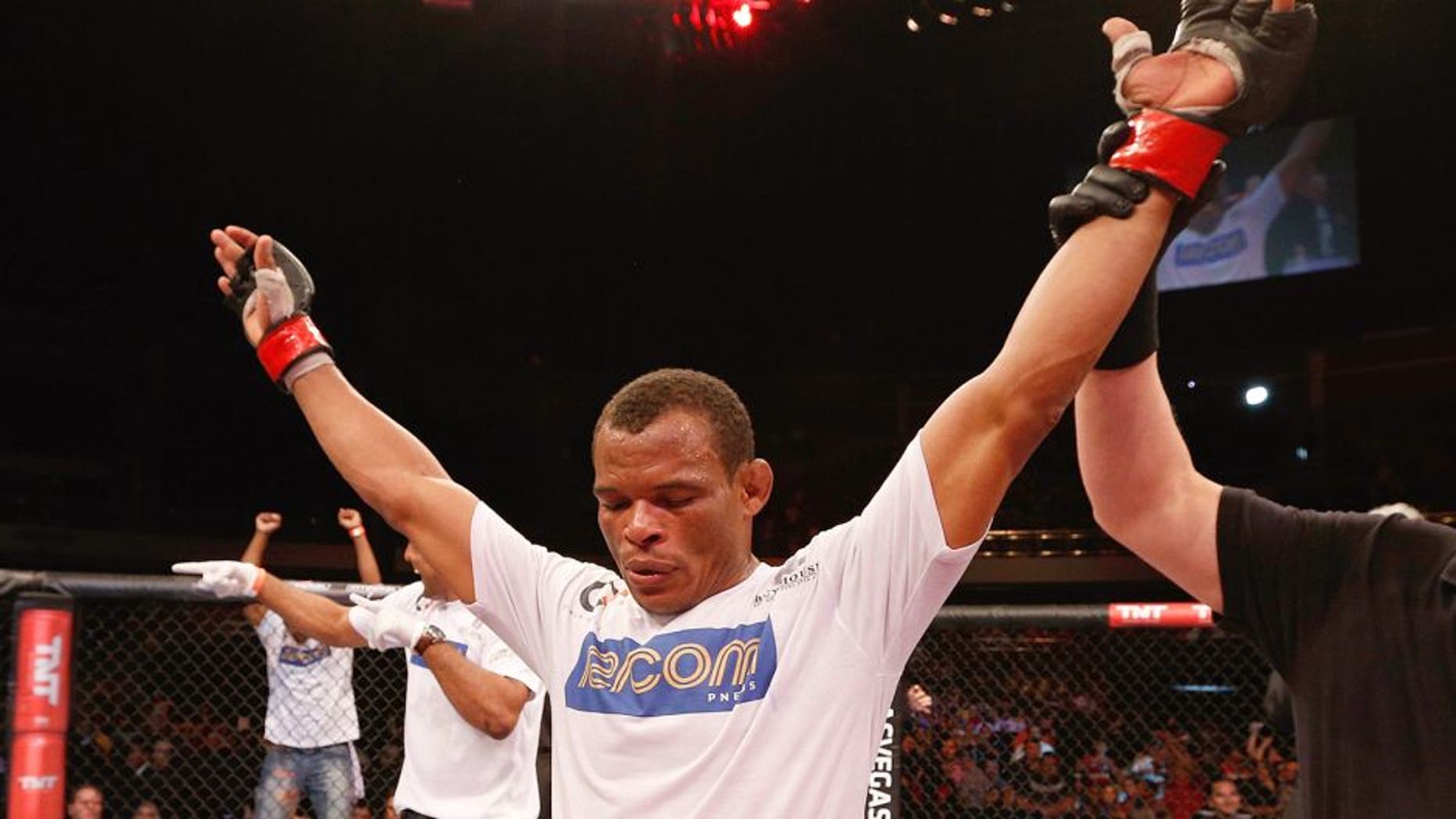 BRASILIA, BRAZIL - SEPTEMBER 13: Francisco Trinaldo celebrates after his unanimous-decision victory over Leandro Silva in their lightweight bout during the UFC Fight Night event inside Nilson Nelson Gymnasium on September 13, 2014 in Brasilia, Brazil. (Photo by Josh Hedges/Zuffa LLC/Zuffa LLC via Getty Images)