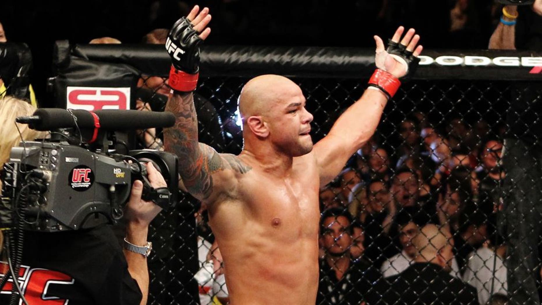 BIRMINGHAM, ENGLAND - NOVEMBER 05: Thiago Alves reacts after defeating Papy Abedi during the UFC 138 event at the LG Arena on November 5, 2011 in Birmingham, England. (Photo by Josh Hedges/Zuffa LLC/Zuffa LLC via Getty Images)