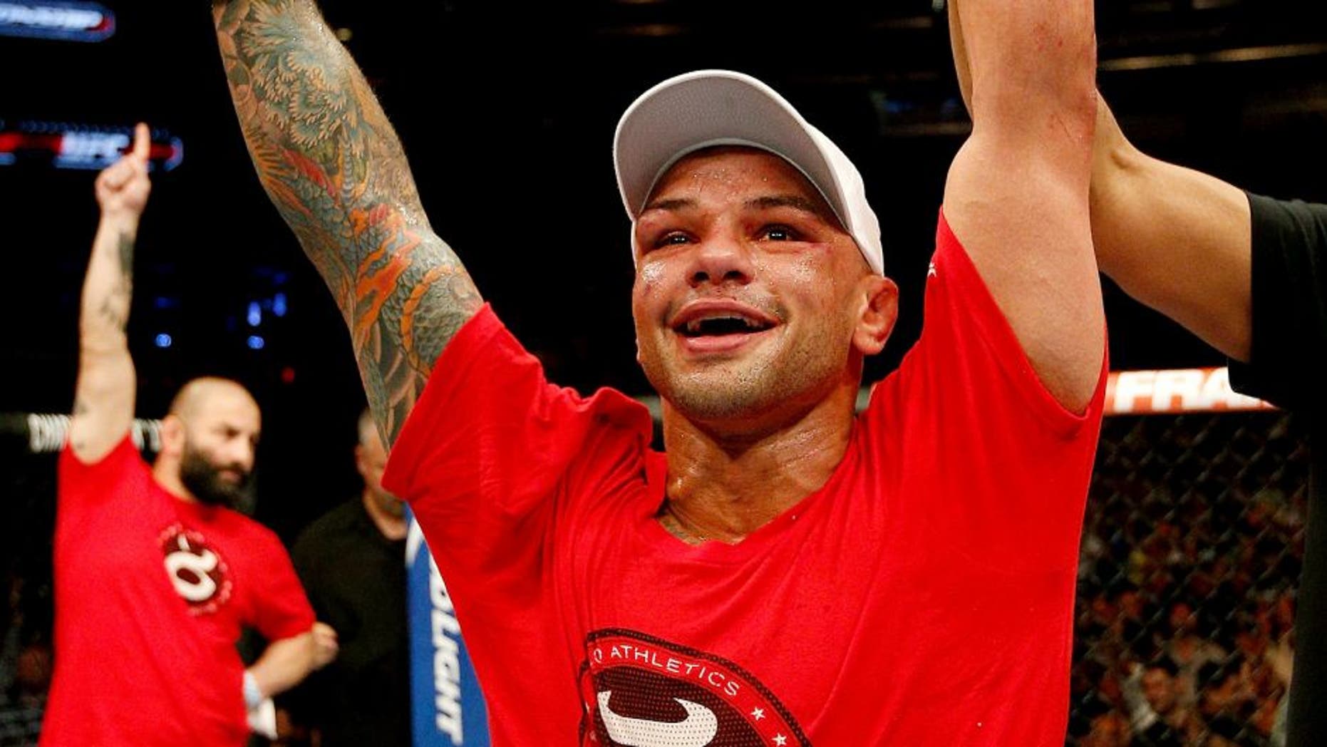 ORLANDO, FL - APRIL 19: Thiago Alves reacts after his decision victory over Seth Baczynski in their welterweight bout during the FOX UFC Saturday event at the Amway Center on April 19, 2014 in Orlando, Florida. (Photo by Josh Hedges/Zuffa LLC/Zuffa LLC via Getty Images)