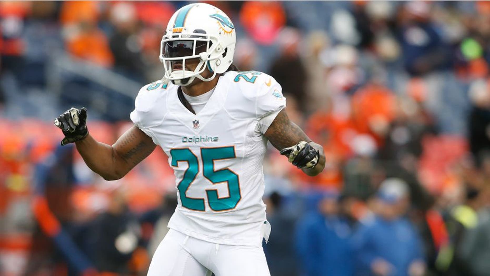 Nov 23, 2014; Denver, CO, USA; Miami Dolphins free safety Louis Delmas (25) before the game against the Denver Broncos at Sports Authority Field at Mile High. Mandatory Credit: Chris Humphreys-USA TODAY Sports