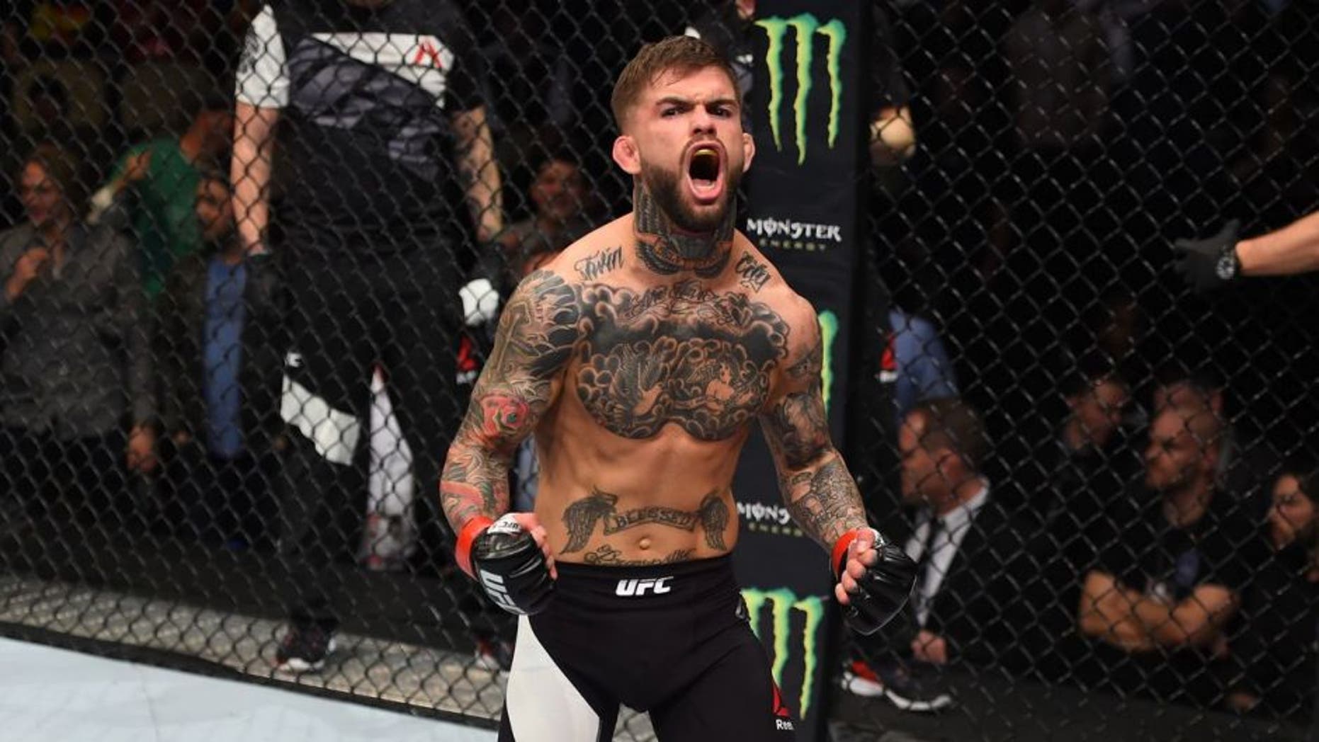 PITTSBURGH, PA - FEBRUARY 21: Cody Garbrandt celebrates his knockout victory over Augusto Mendes in their bantamweight bout during the UFC Fight Night event at Consol Energy Center on February 21, 2016 in Pittsburgh, Pennsylvania. (Photo by Jeff Bottari/Zuffa LLC/Zuffa LLC via Getty Images)