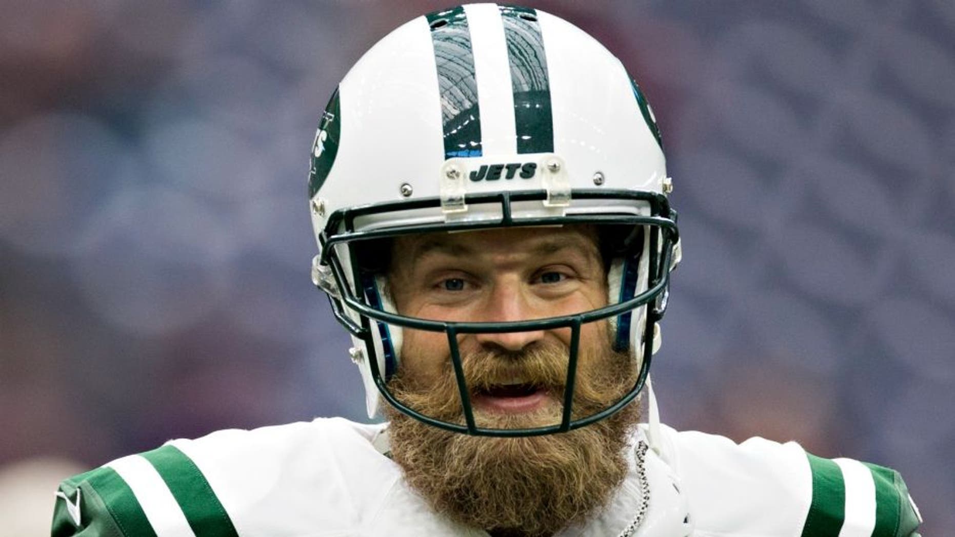 HOUSTON, TX - NOVEMBER 22: Ryan Fitzpatrick #14 of the New York Jets warming up before a game against the Houston Texans at NRG Stadium on November 22, 2015 in Houston, Texas. The Texans defeated the Jets 24-17. (Photo by Wesley Hitt/Getty Images)