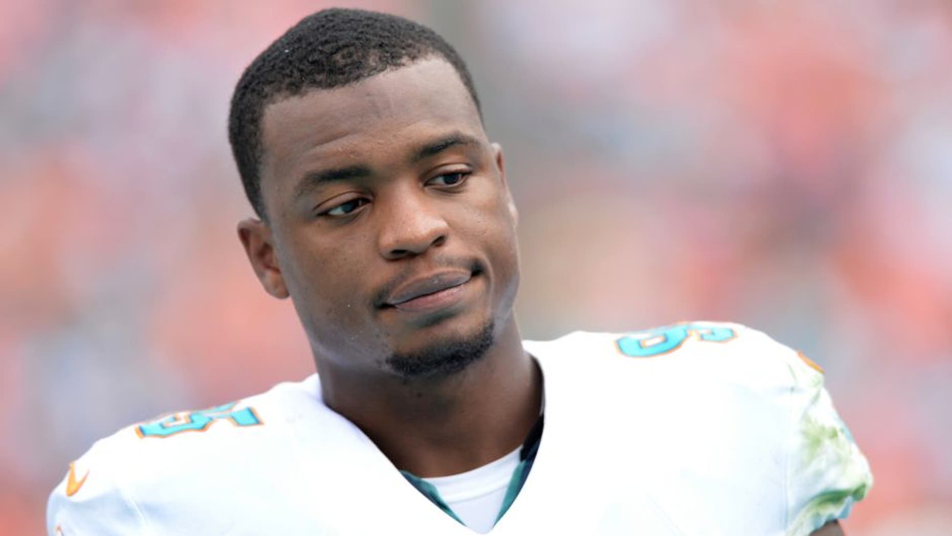 Dec 21, 2014; Miami Gardens, FL, USA; Miami Dolphins defensive end Dion Jordan (95) reacts on the sideline during the first half against the Minnesota Vikings at Sun Life Stadium. Mandatory Credit: Steve Mitchell-USA TODAY Sports