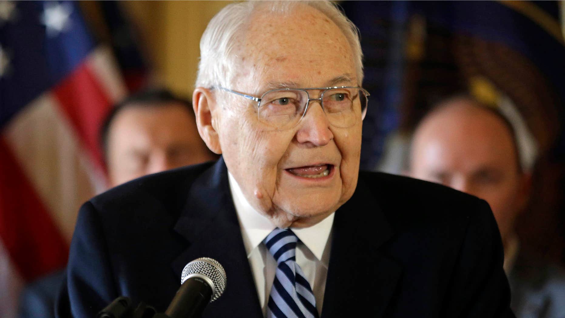 March 4, 2015: L. Tom Perry, the second-most senior member of the high-level Mormon governing body called the Quorum of the Twelve Apostles, speaks during a news conference at the Utah State Capitol in Salt Lake City.