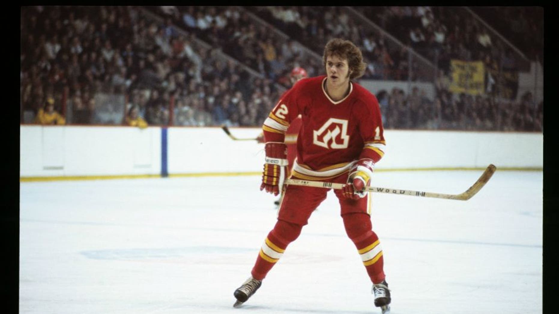 BOSTON, MA. - 1970's: Tom Lysiak #12 of the Atlanta Flames plays against the Boston Bruins . (Photo by Steve Babineau/NHLI via Getty Images)