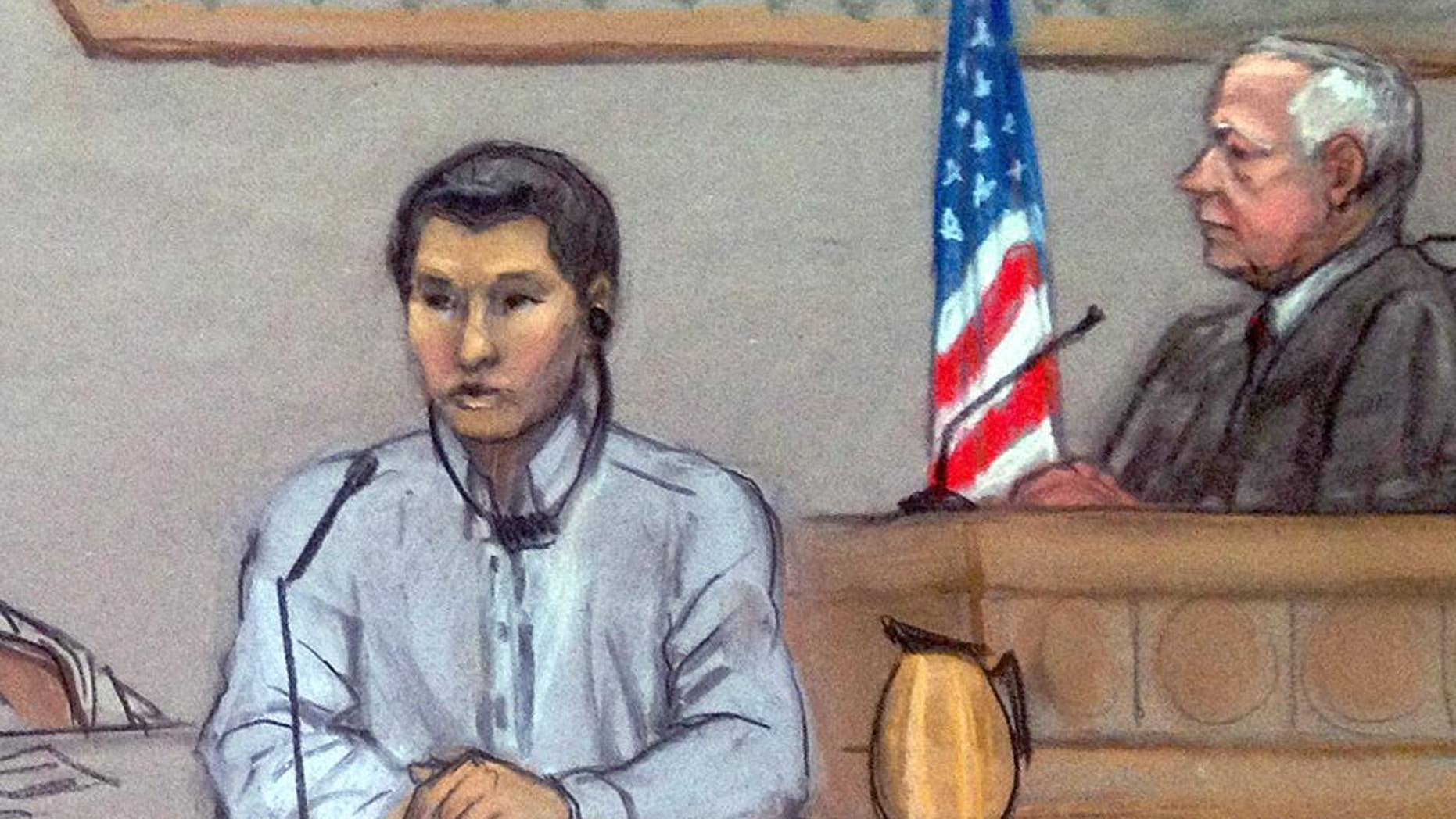 June 2, 2014: In this file courtroom sketch, Dias Kadyrbayev, left, testifies in federal court in Boston.(AP)