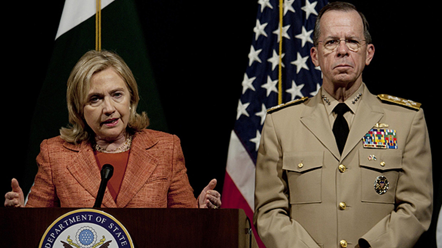 May 27: U.S. Secretary of State Hillary Rodham Clinton addresses a news conference with Adm. Mike Mullen, the chairman of the U.S. Joint Chiefs of Staff at U. S. embassy in Islamabad, Pakistan.