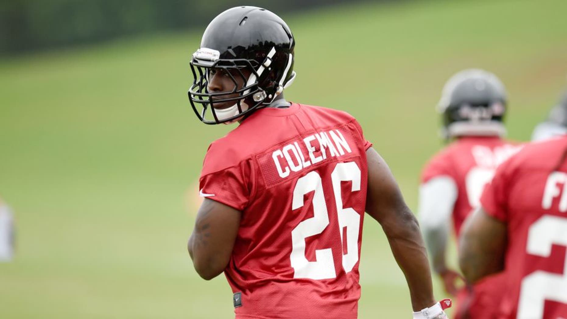 May 26, 2015; Atlanta, GA, USA; Atlanta Falcons running back Tevin Coleman (26) on the field during OTA at Falcons Training Facility. Mandatory Credit: Dale Zanine-USA TODAY Sports