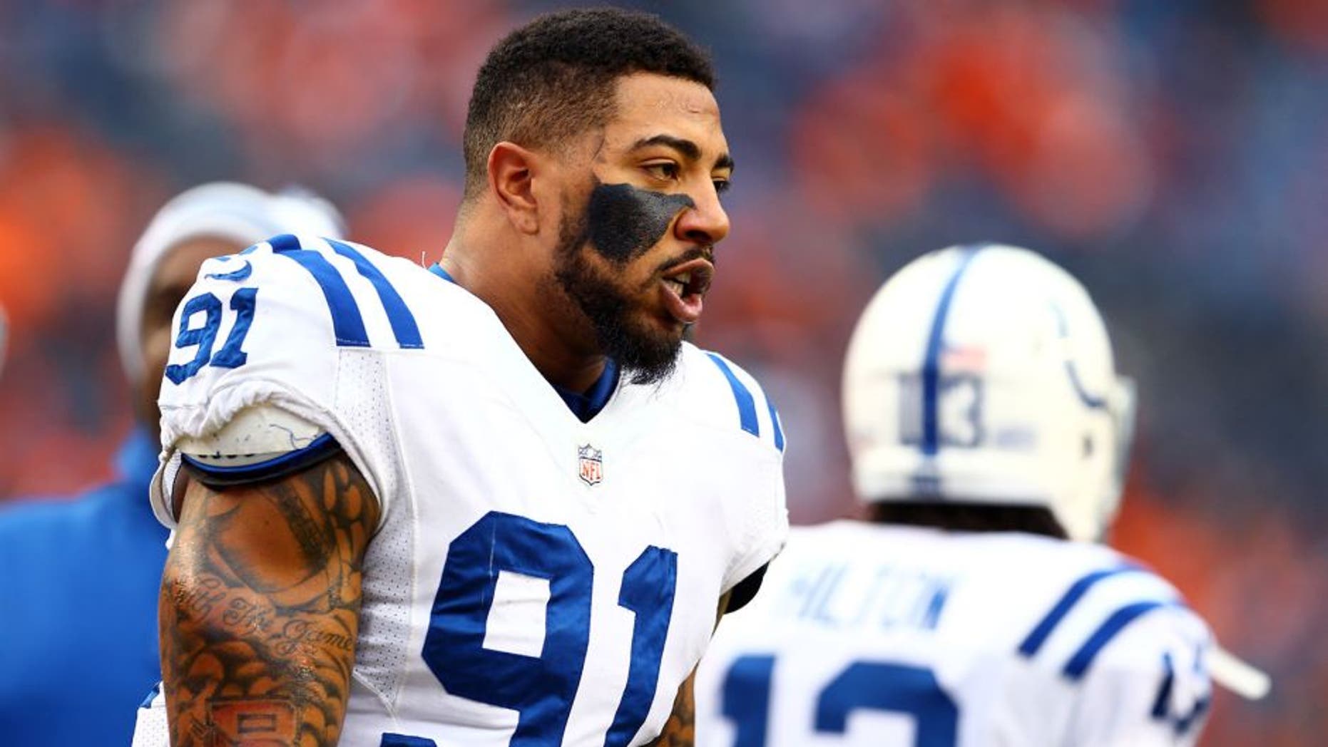 Jan 11, 2015; Denver, CO, USA; Indianapolis Colts linebacker Jonathan Newsome (91) against the Denver Broncos in the 2014 AFC Divisional playoff football game at Sports Authority Field at Mile High. The Colts defeated the Broncos 24-13. Mandatory Credit: Mark J. Rebilas-USA TODAY Sports