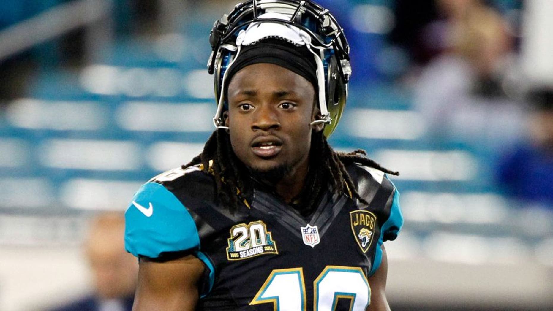 Dec 18, 2014; Jacksonville, FL, USA; Jacksonville Jaguars wide receiver Ace Sanders (18) against the Tennessee Titans works out prior to the game at EverBank Field. Mandatory Credit: Kim Klement-USA TODAY Sports