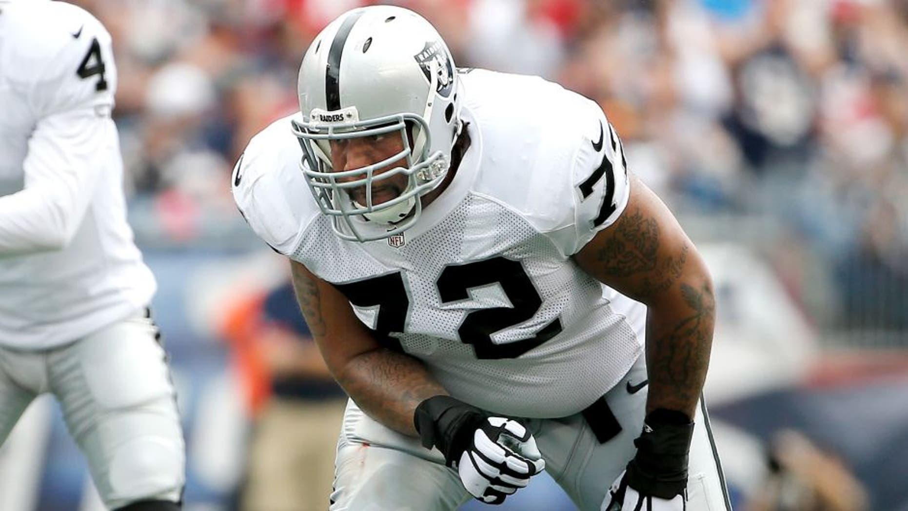 Sep 21, 2014; Foxborough, MA, USA; Oakland Raiders tackle Donald Penn (72) during the second half against the New England Patriots at Gillette Stadium. Mandatory Credit: Winslow Townson-USA TODAY Sports