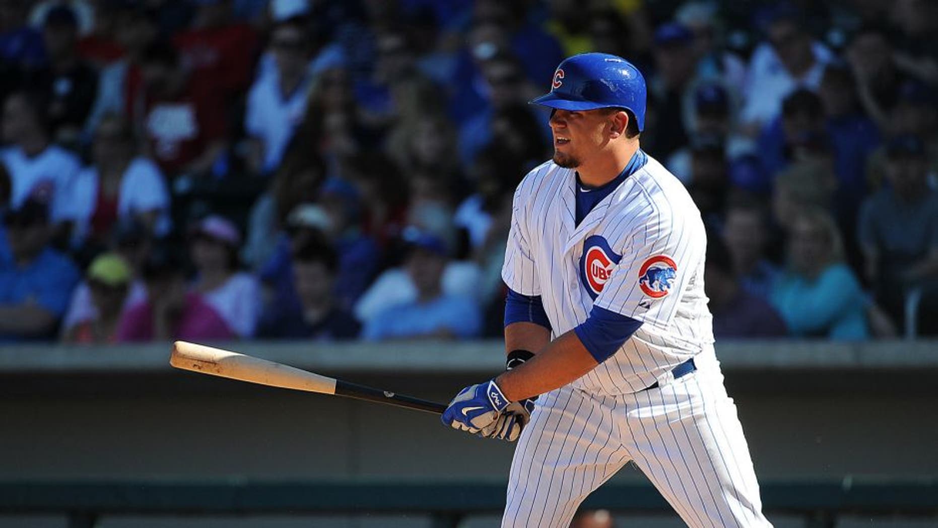 MESA, AZ - MARCH 6: Kyle Schwarber #74 of the Chicago Cubs bats during the game against the Cincinnati Reds on March 6, 2015 at Sloan Park in Mesa, Arizona. The Reds defeated the Cubs 5-2. (Photo by Rich Pilling/Getty Images)