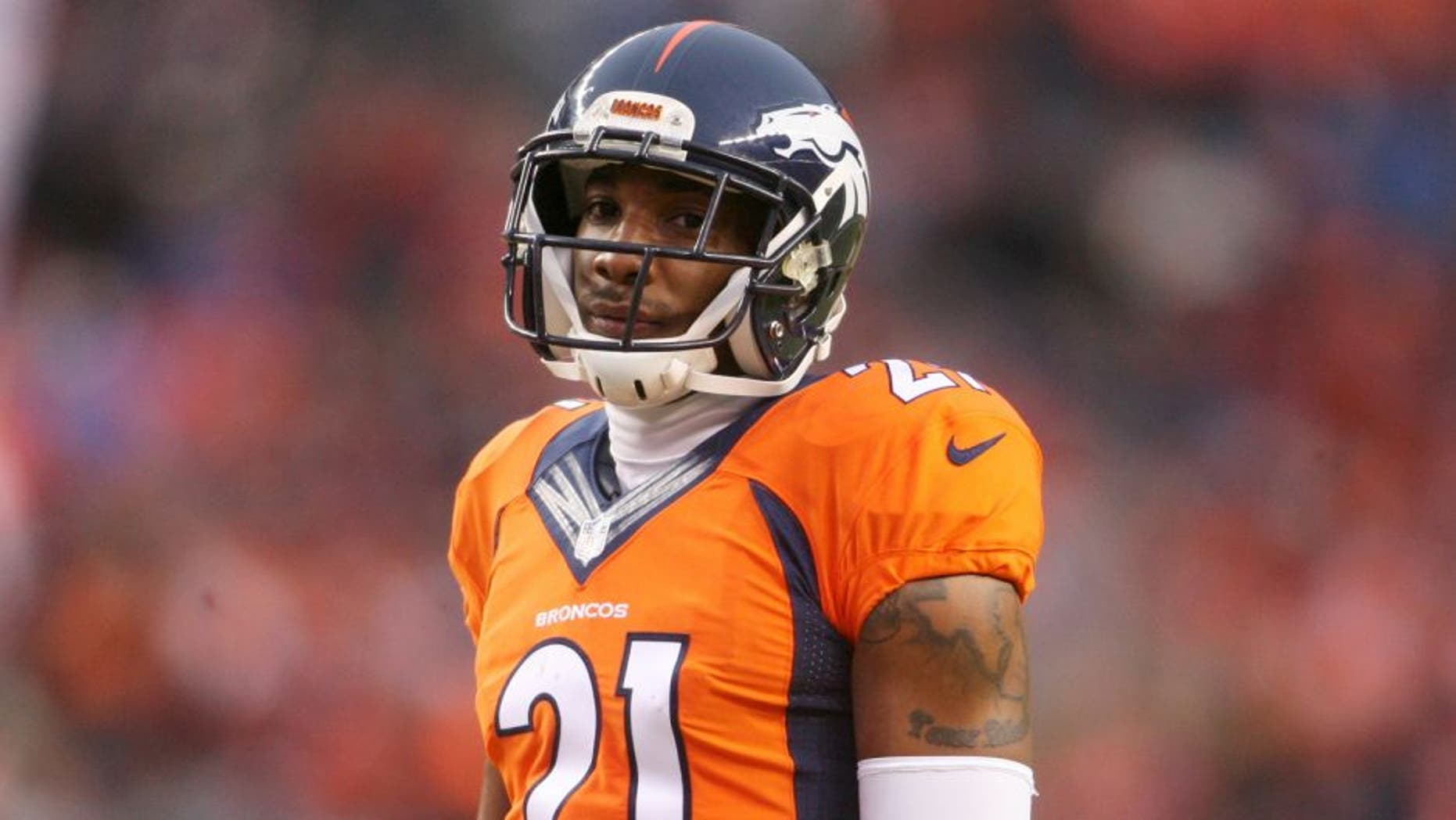 Jan 11, 2015; Denver, CO, USA; Denver Broncos cornerback Aqib Talib (21) in the 2014 AFC Divisional playoff football game against the Indianapolis Colts at Sports Authority Field at Mile High. Mandatory Credit: Chris Humphreys-USA TODAY Sports
