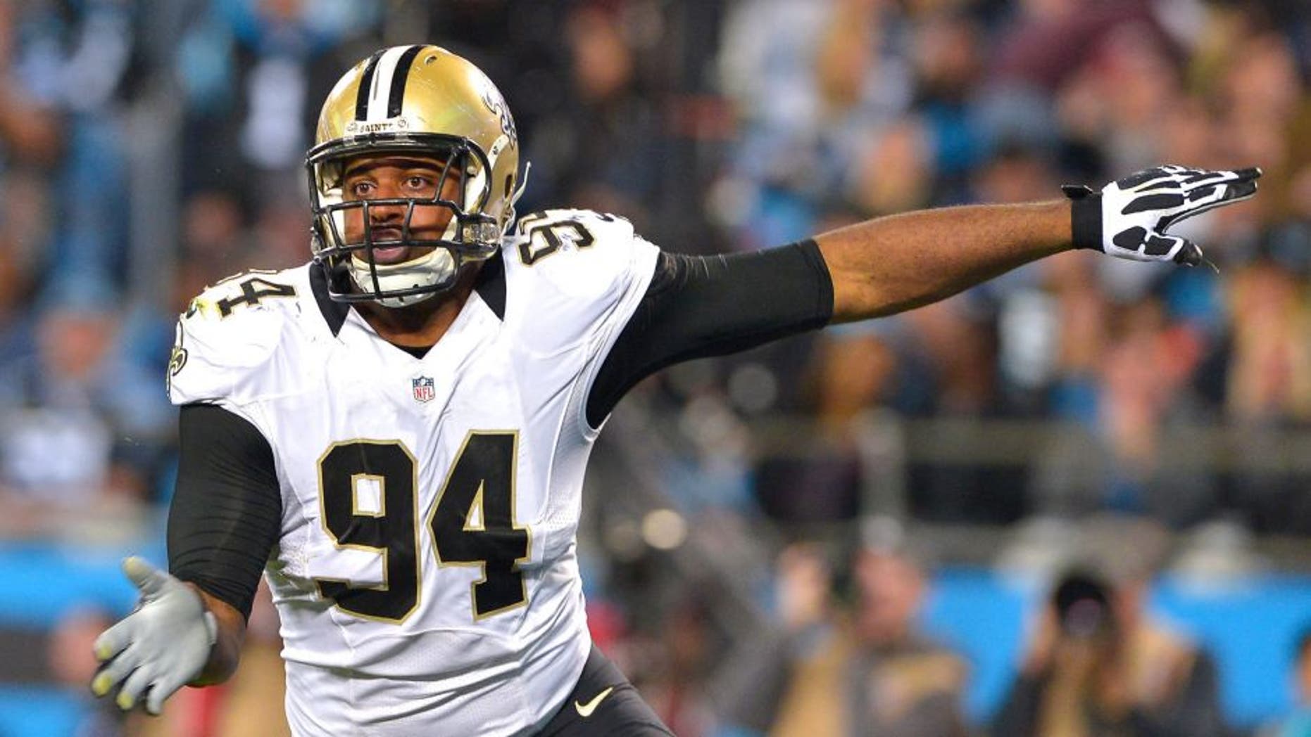 CHARLOTTE, NC - OCTOBER 30: Cameron Jordan #94 of the New Orleans Saints pass rushes against the Carolina Panthers during their game at Bank of America Stadium on October 30, 2014 in Charlotte, North Carolina. The Saints won 28-10. (Photo by Grant Halverson/Getty Images)
