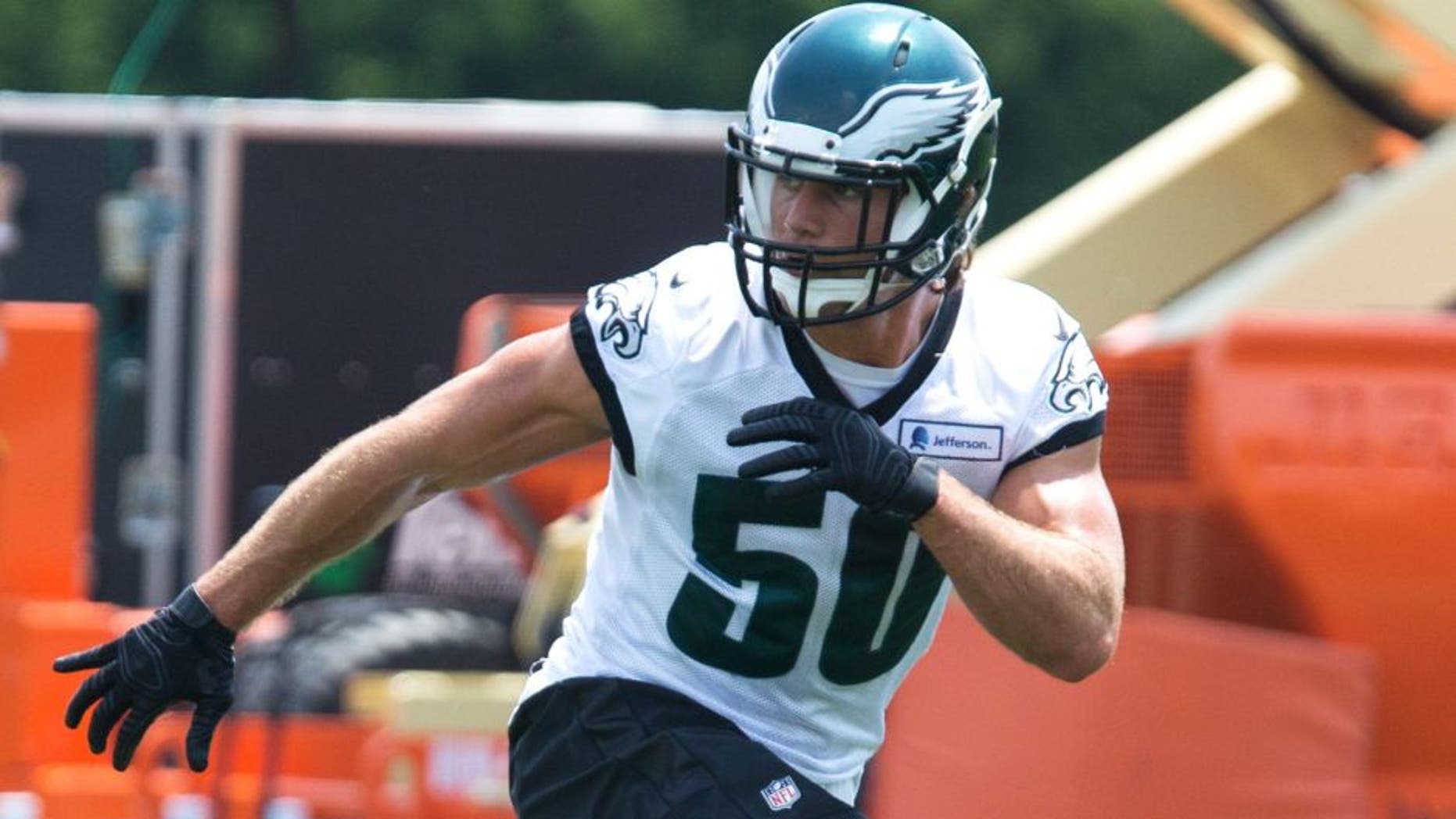 May 28, 2015; Philadelphia, PA, USA; Philadelphia Eagles linebacker Kiko Alonso (50) during OTA's at the NovaCare Complex. Mandatory Credit: Bill Streicher-USA TODAY Sports