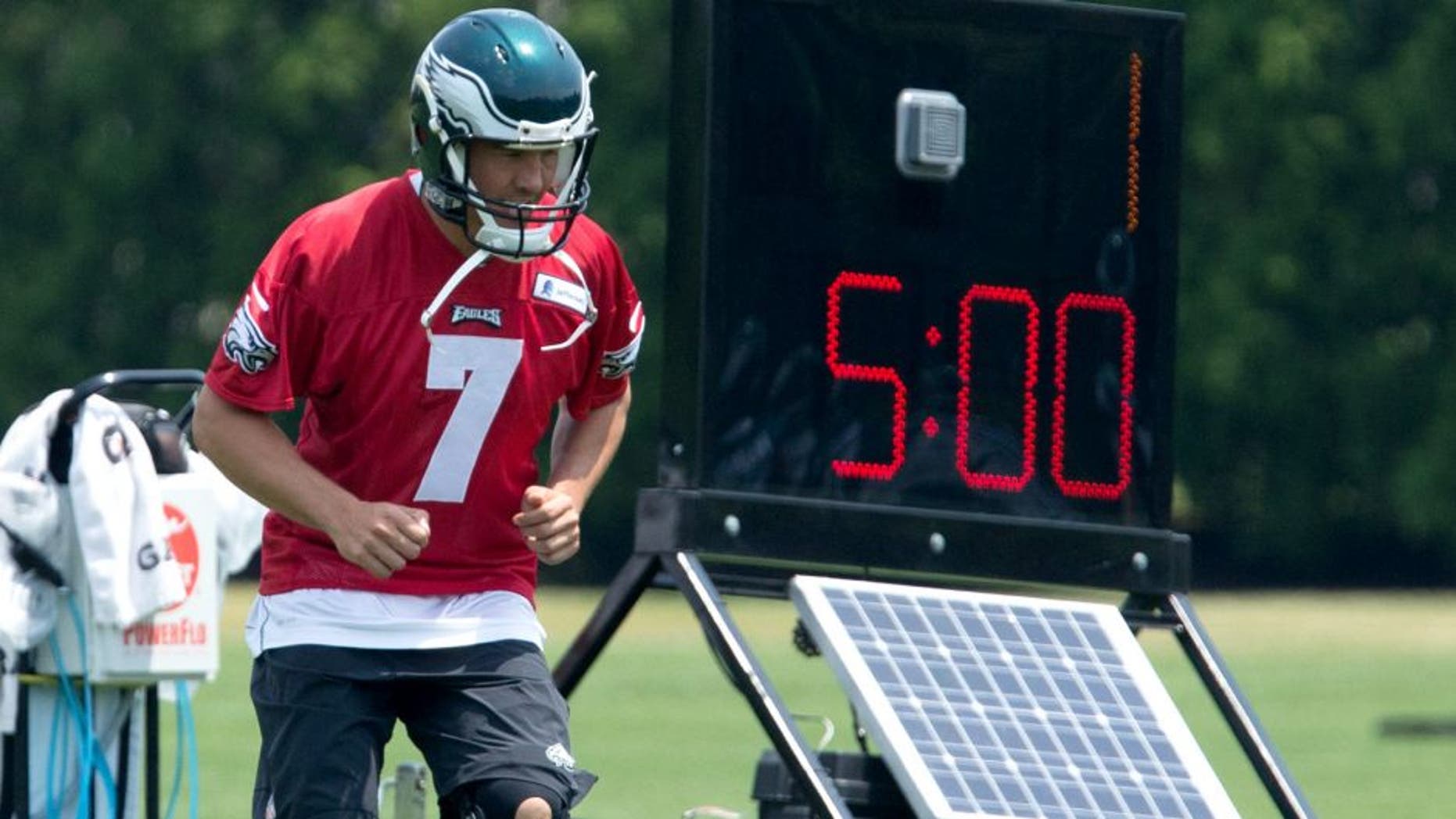 May 28, 2015; Philadelphia, PA, USA; Philadelphia Eagles quarterback Sam Bradford (7) loosens up during OTA's at the NovaCare Complex. Mandatory Credit: Bill Streicher-USA TODAY Sports