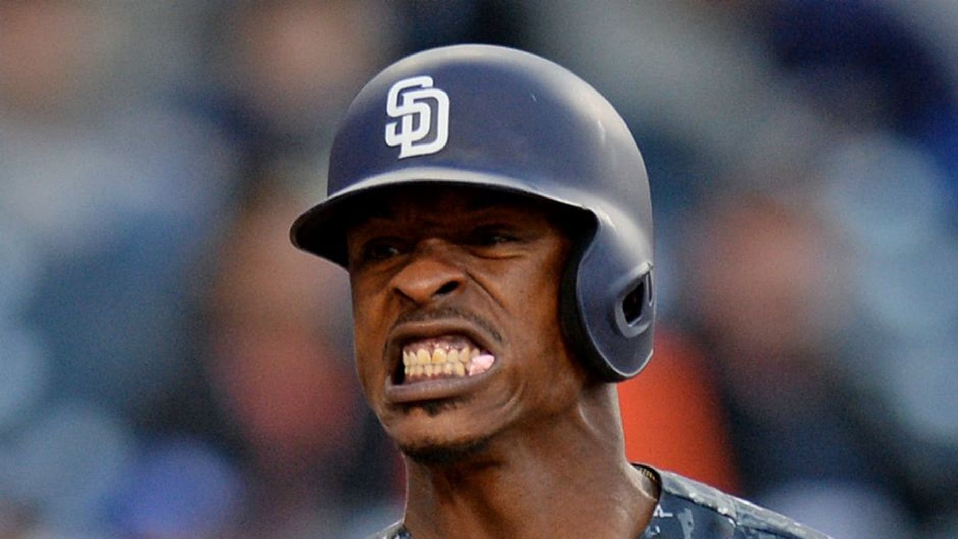 May 22, 2016; San Diego, CA, USA; San Diego Padres left fielder Melvin Upton Jr. (2) reacts during a 16th inning at bat against the Los Angeles Dodgers at Petco Park. Mandatory Credit: Jake Roth-USA TODAY Sports