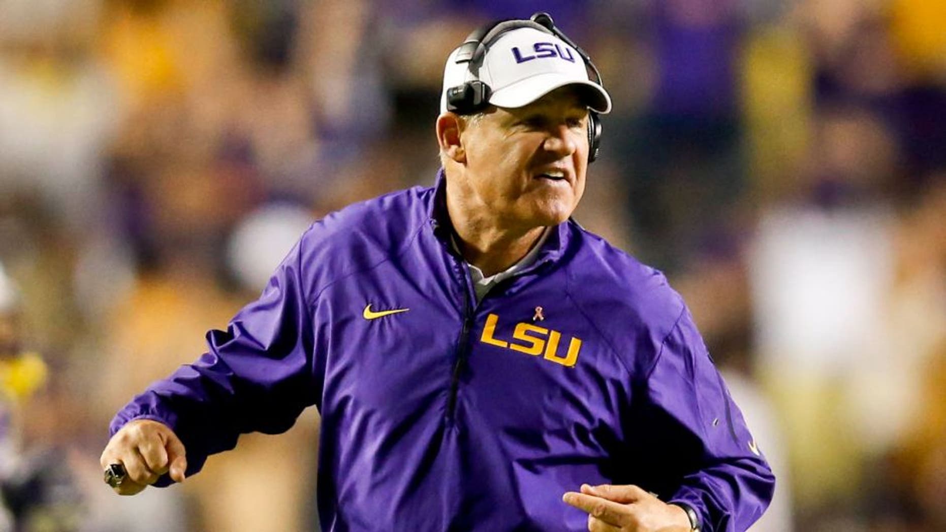 Oct 26, 2013; Baton Rouge, LA, USA; LSU Tigers head coach Les Miles against the Furman Paladins during the second half of a game at Tiger Stadium. LSU defeated Furman 48-16. Mandatory Credit: Derick E. Hingle-USA TODAY Sports