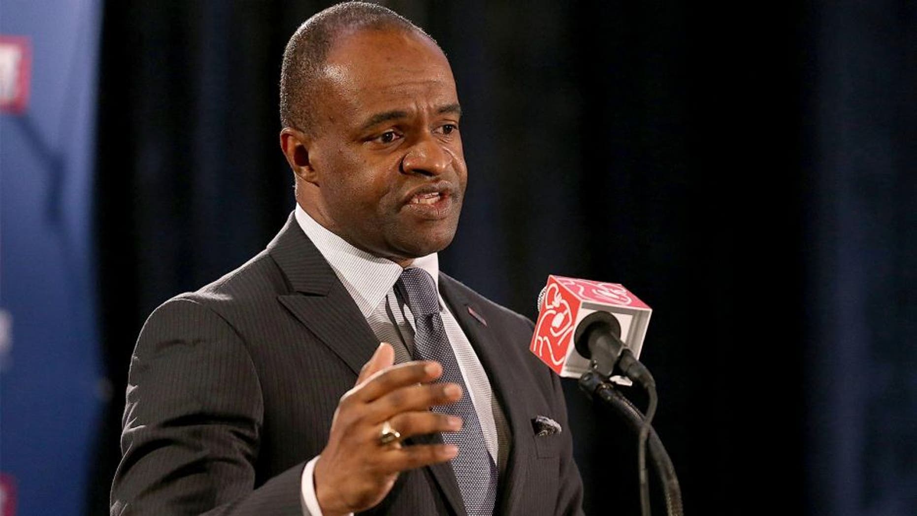 Jan 31, 2013; New Orleans, LA, USA; NFLPA executive director DeMaurice Smith speaks during the NFL players association press conference in preparation for Super Bowl XLVII at the New Orleans Convention Center. Super Bowl XLVII will be played between the San Francisco 49ers on February 3, 2013 at the Mercedes-Benz Superdome. Mandatory Credit: Matthew Emmons-USA TODAY Sports
