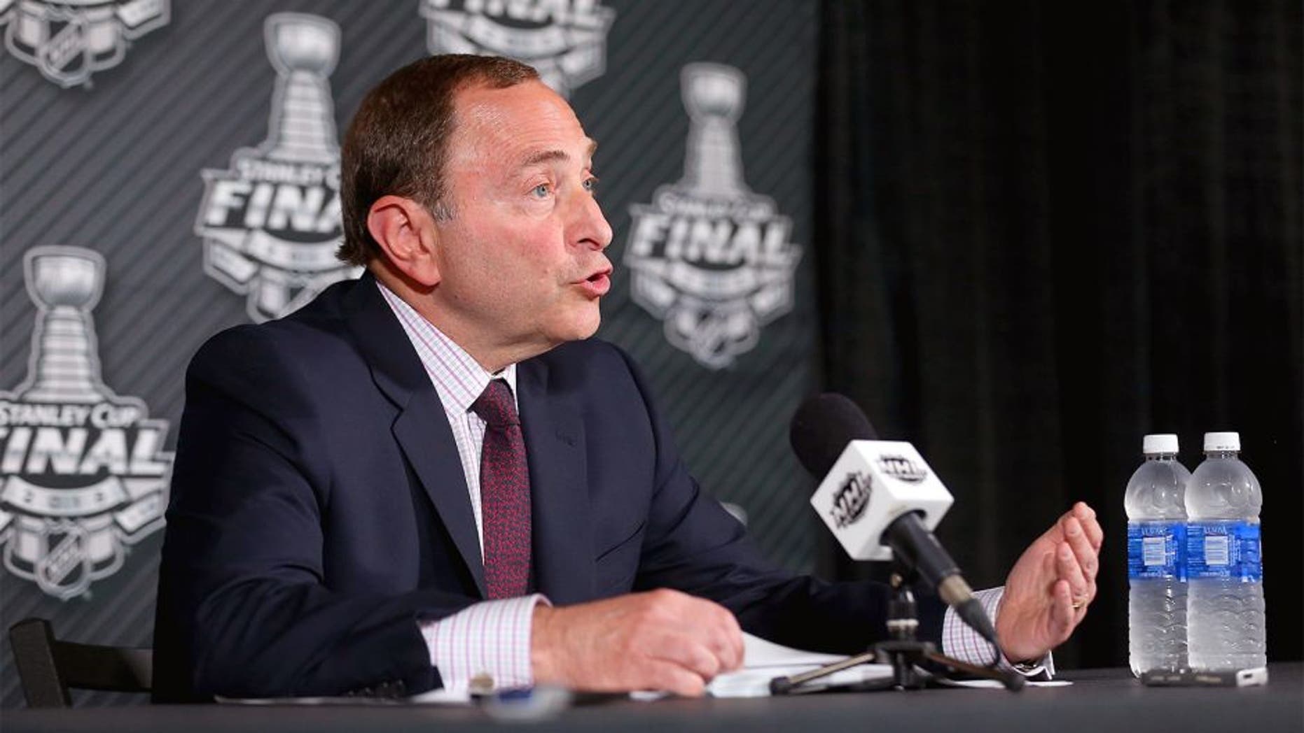 TAMPA, FL - JUNE 03: NHL Commissioner Gary Bettman speaks to the media before Game One of the 2015 NHL Stanley Cup Final between the Tampa Bay Lightning and the Chicago Blackhawks at Amalie Arena on June 3, 2015 in Tampa, Florida. (Photo by Bruce Bennett/Getty Images)