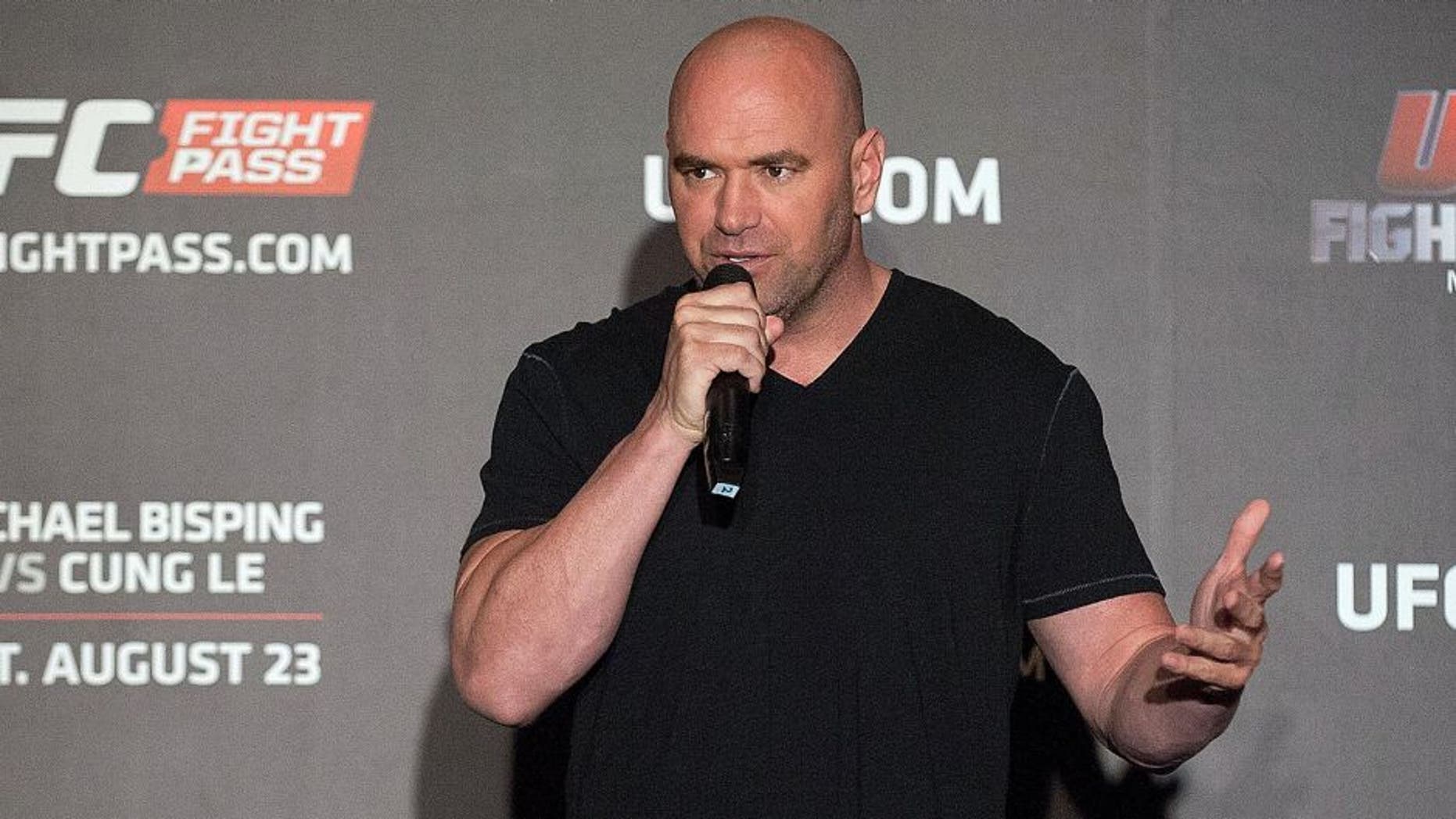 HONG KONG - AUGUST 20: UFC President Dana White speaks to the media during the Macao UFC Fight Night Press Conference at the Four Season Hotel on August 20, 2014 in Hong Kong. (Photo by Anthony Kwan/Getty Images)