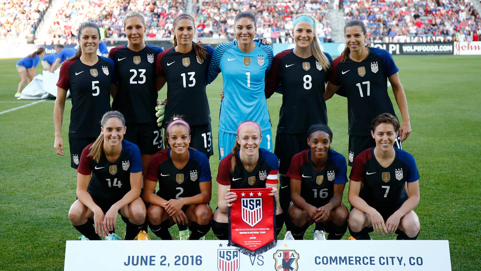 In this photo taken Thursday, June 2, 2016, the United States team poses for a team photo before their international friendly soccer match against the Japan in Commerce City, Colo.