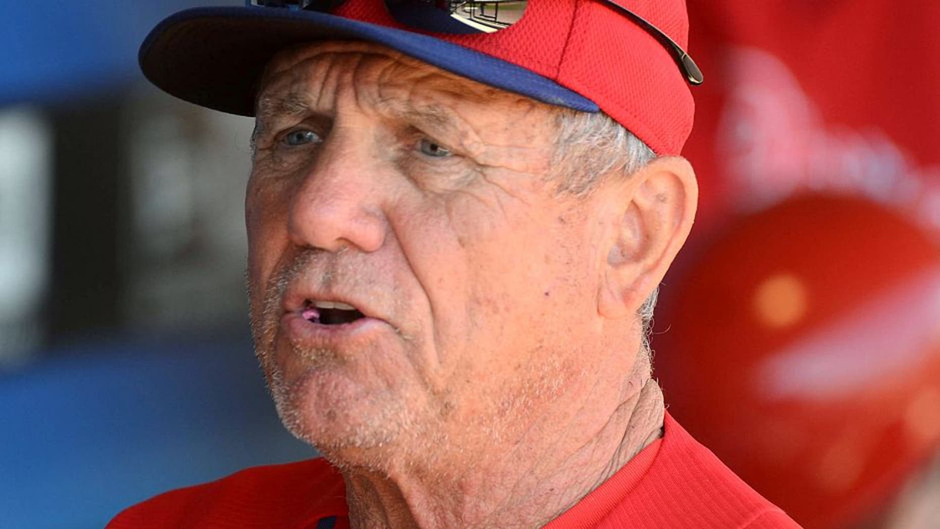 Feb 28, 2014; Clearwater, FL, USA; Philadelphia Phillies Larry Bowa talks with the players before the game against the Detroit Tigers at Bright House Field. Mandatory Credit: Jonathan Dyer-USA TODAY Sports