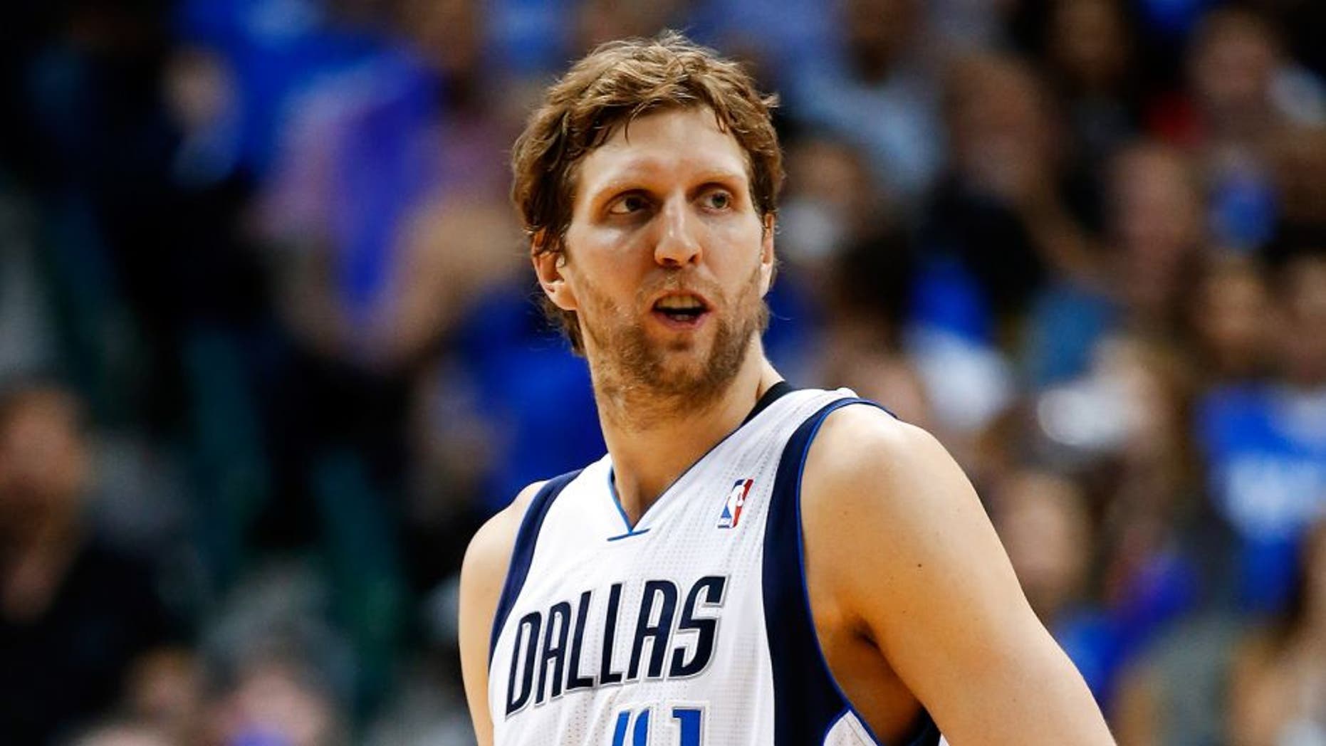 May 2, 2014; Dallas, TX, USA; Dallas Mavericks forward Dirk Nowitzki (41) during the game against the San Antonio Spurs in game six of the first round of the 2014 NBA Playoffs at American Airlines Center. Dallas won 113-111. Mandatory Credit: Kevin Jairaj-USA TODAY Sports