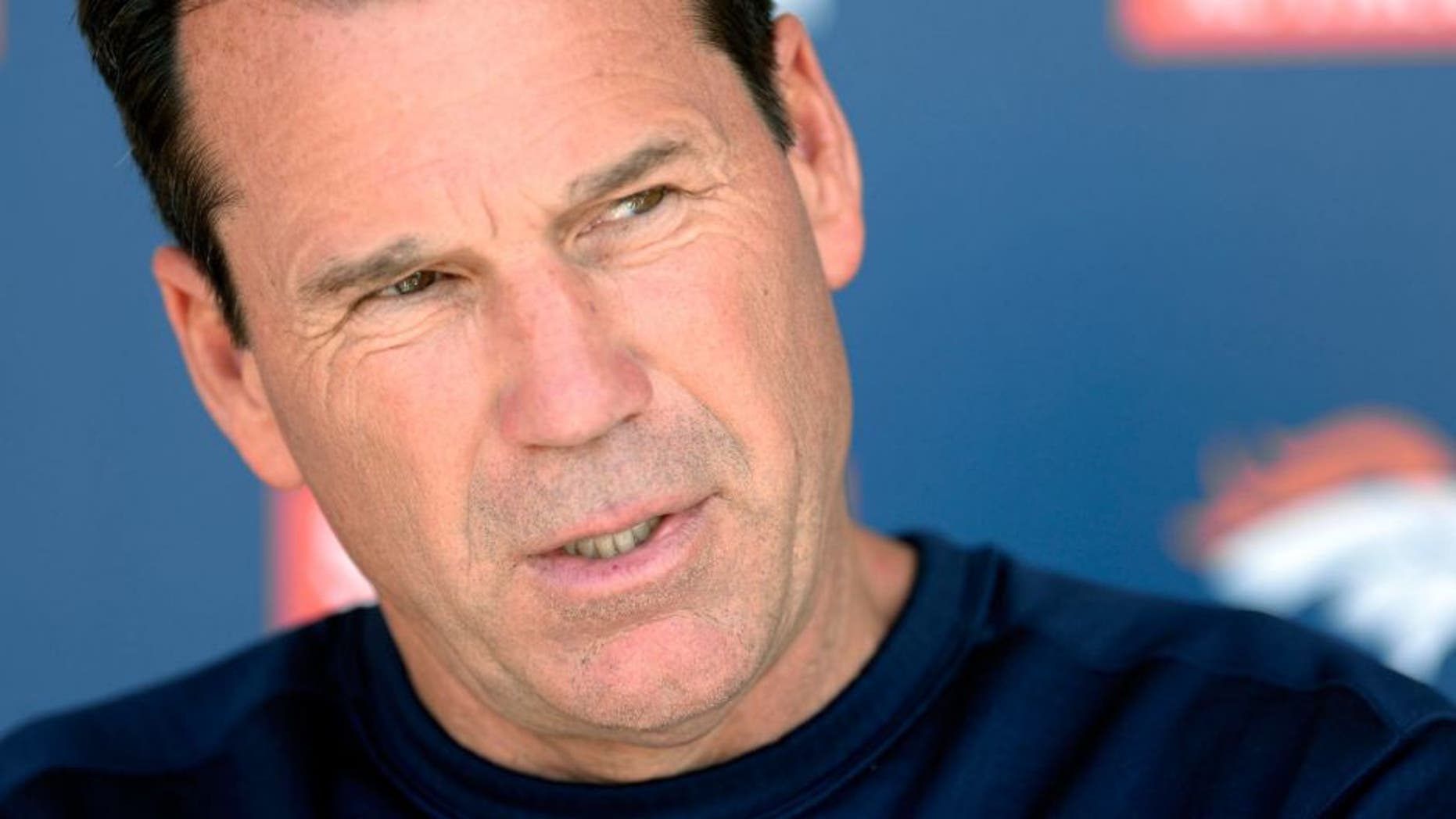 May 27, 2015; Englewood, CO, USA; Denver Broncos head coach Gary Kubiak speaks to the media following organized team activities at the Broncos training facility. Mandatory Credit: Ron Chenoy-USA TODAY Sports