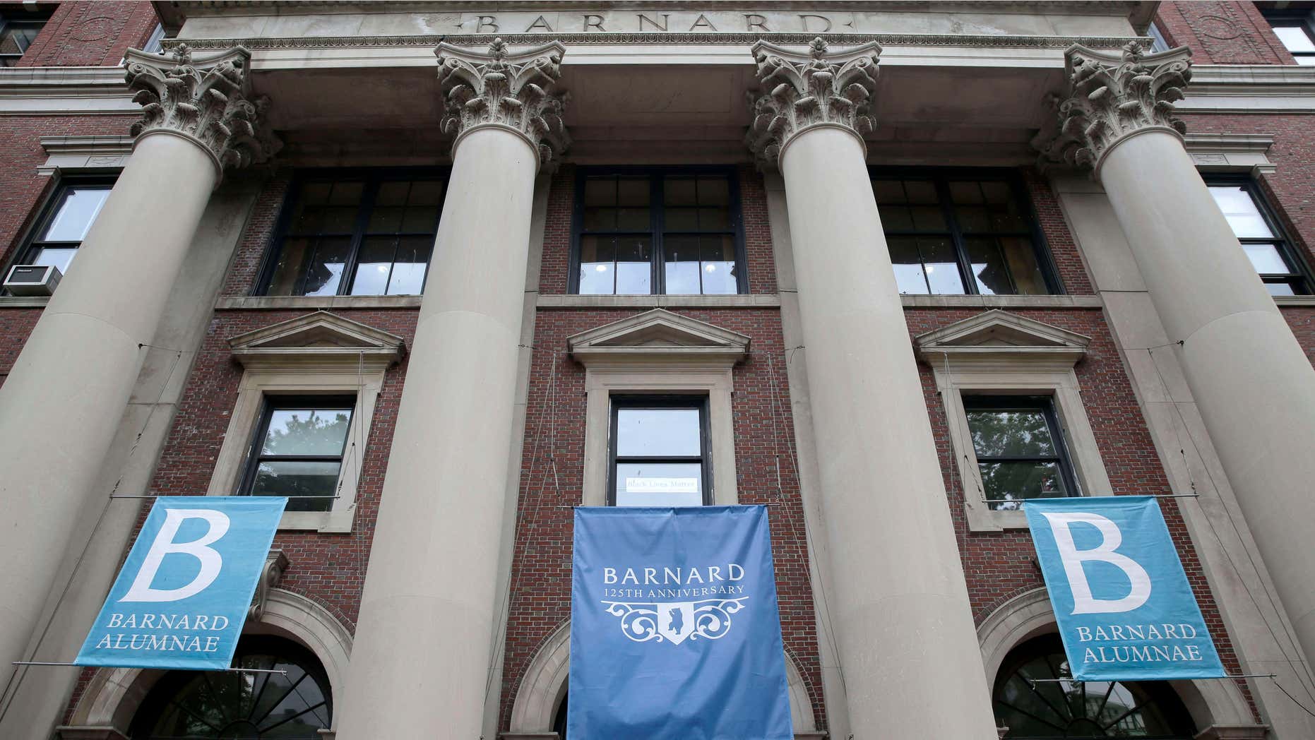 May 28, 2015: Banners hang from a building at Barnard College in New York.
