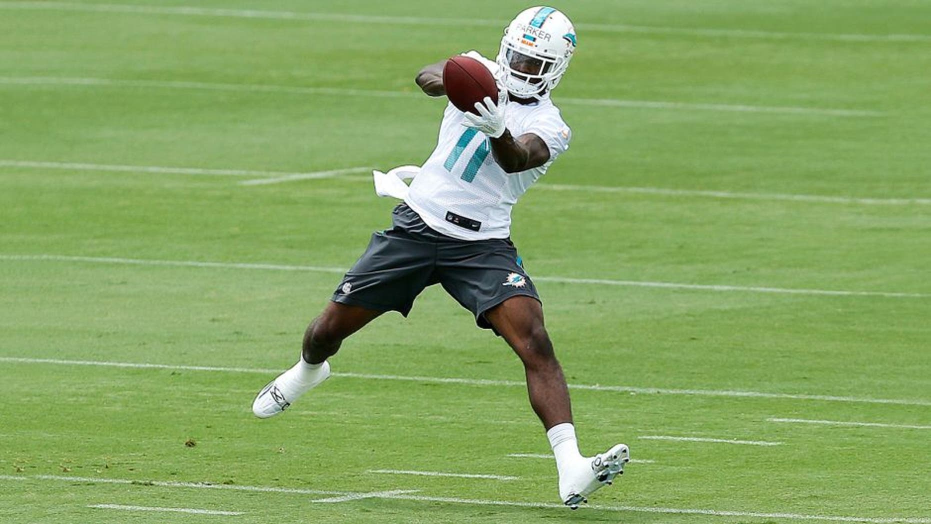 DAVIE, FL - MAY 26: DeVante Parker #11 of the Miami Dolphins catches the ball during the teams first OTA's on May 26, 2015 at the Miami Dolphins training facility in Davie, Florida. (Photo by Joel Auerbach/Getty Images)
