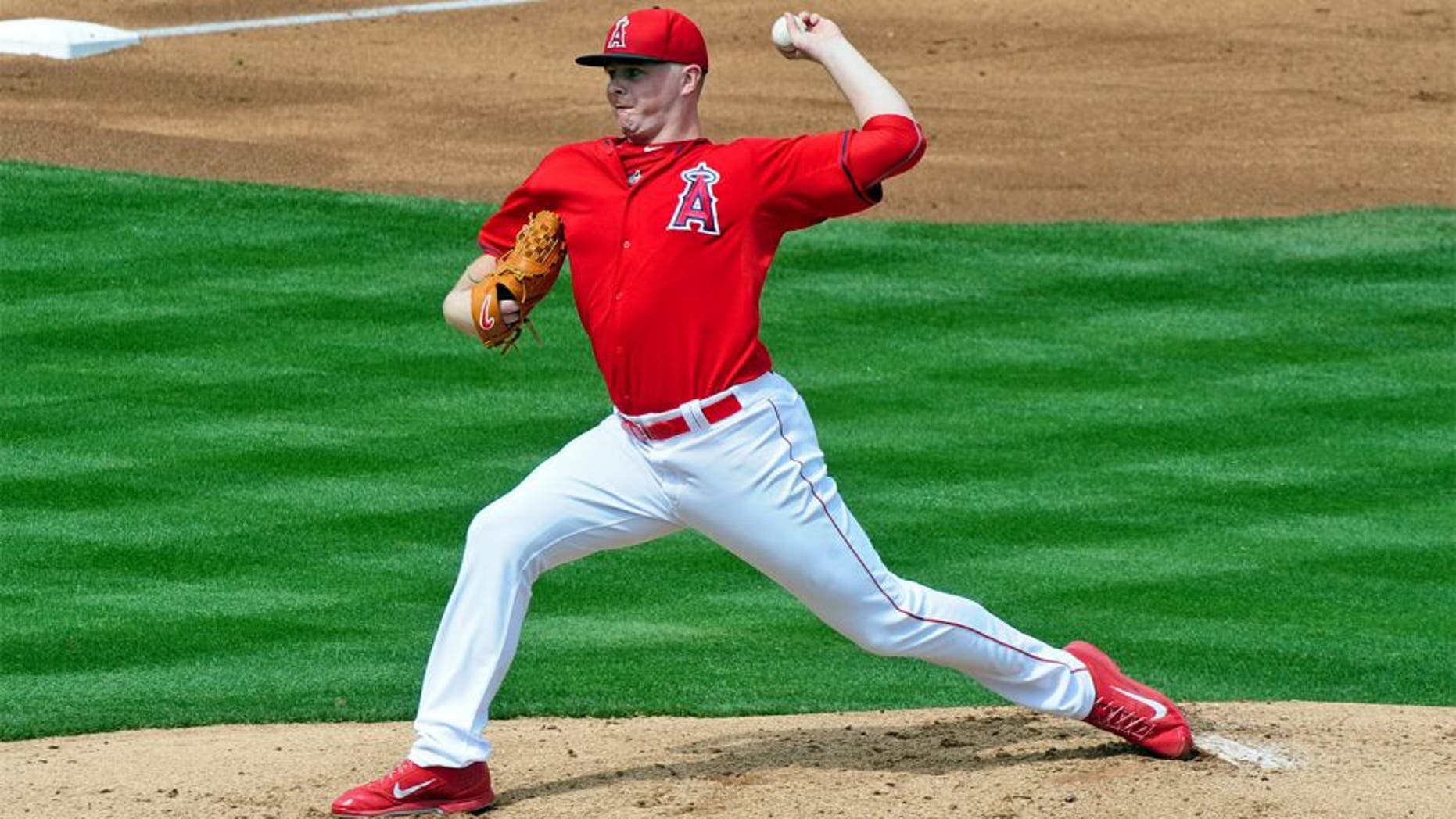Mar 12, 2015; Tempe, AZ, USA; Los Angeles Angels starting pitcher Sean Newcomb (86) throws in the first inning against the Chicago Cubs at Tempe Diablo Stadium. Mandatory Credit: Matt Kartozian-USA TODAY Sports