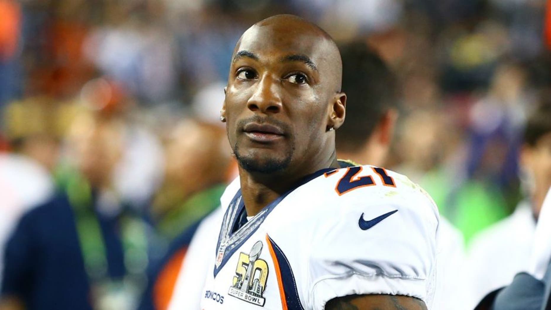 Feb 7, 2016; Santa Clara, CA, USA; Denver Broncos cornerback Aqib Talib (21) against the Carolina Panthers in Super Bowl 50 at Levi's Stadium. Mandatory Credit: Mark J. Rebilas-USA TODAY Sports