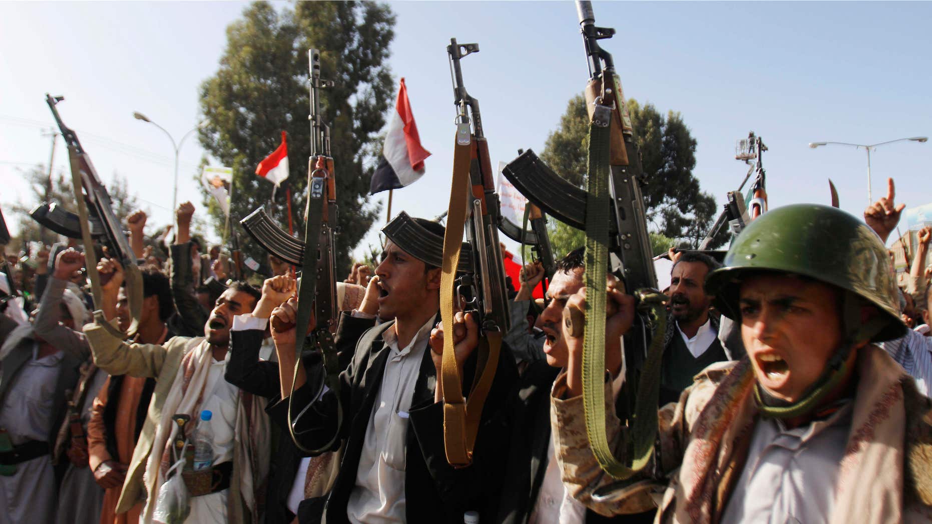 April 16, 2015: Shiite rebels, known as Houthis, chant slogans during a demonstration against an arms embargo imposed by the U.N. Security Council on Houthi leaders, in Sanaa, Yemen.