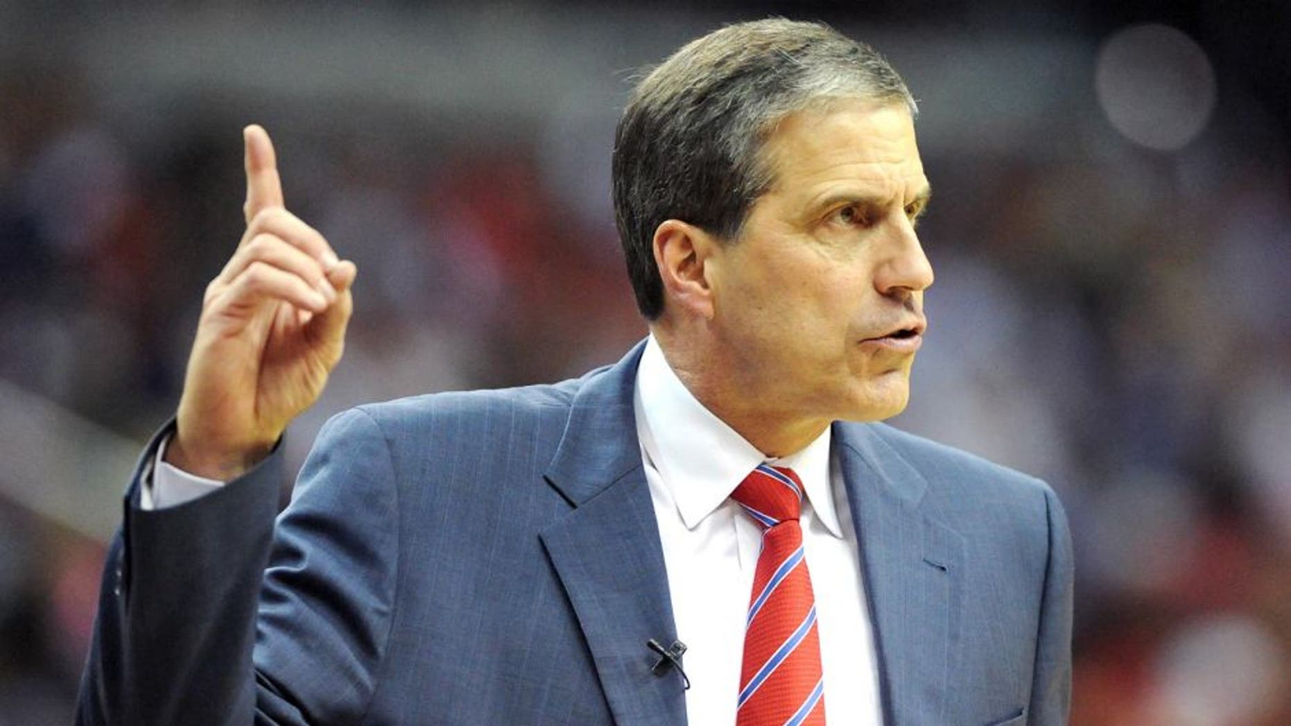 May 11, 2014; Washington, DC, USA; Washington Wizards head coach Randy Wittman gestures against the Indiana Pacers during the first half in game four of the second round of the 2014 NBA Playoffs at Verizon Center. Mandatory Credit: Brad Mills-USA TODAY Sports