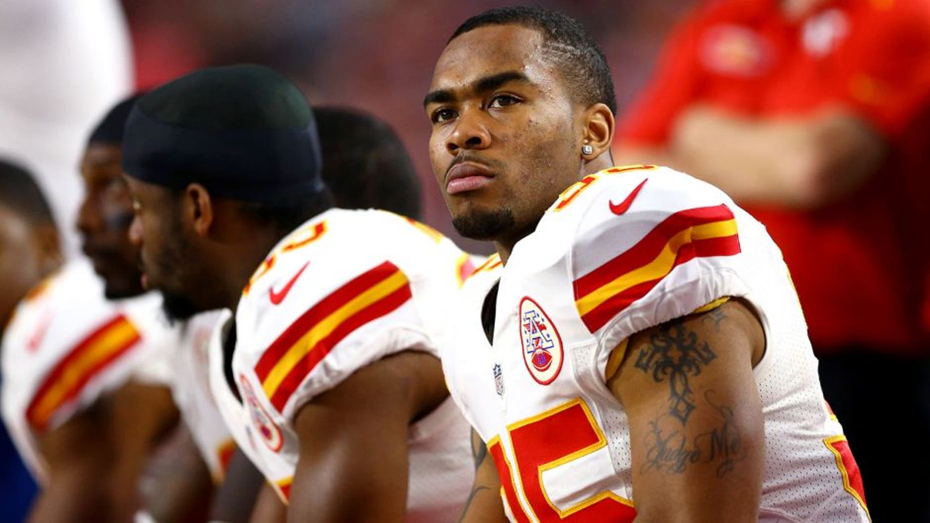 Dec 7, 2014; Glendale, AZ, USA; Kansas City Chiefs running back Charcandrick West (35) against the Arizona Cardinals at University of Phoenix Stadium. The Cardinals defeated the Chiefs 17-14. Mandatory Credit: Mark J. Rebilas-USA TODAY Sports