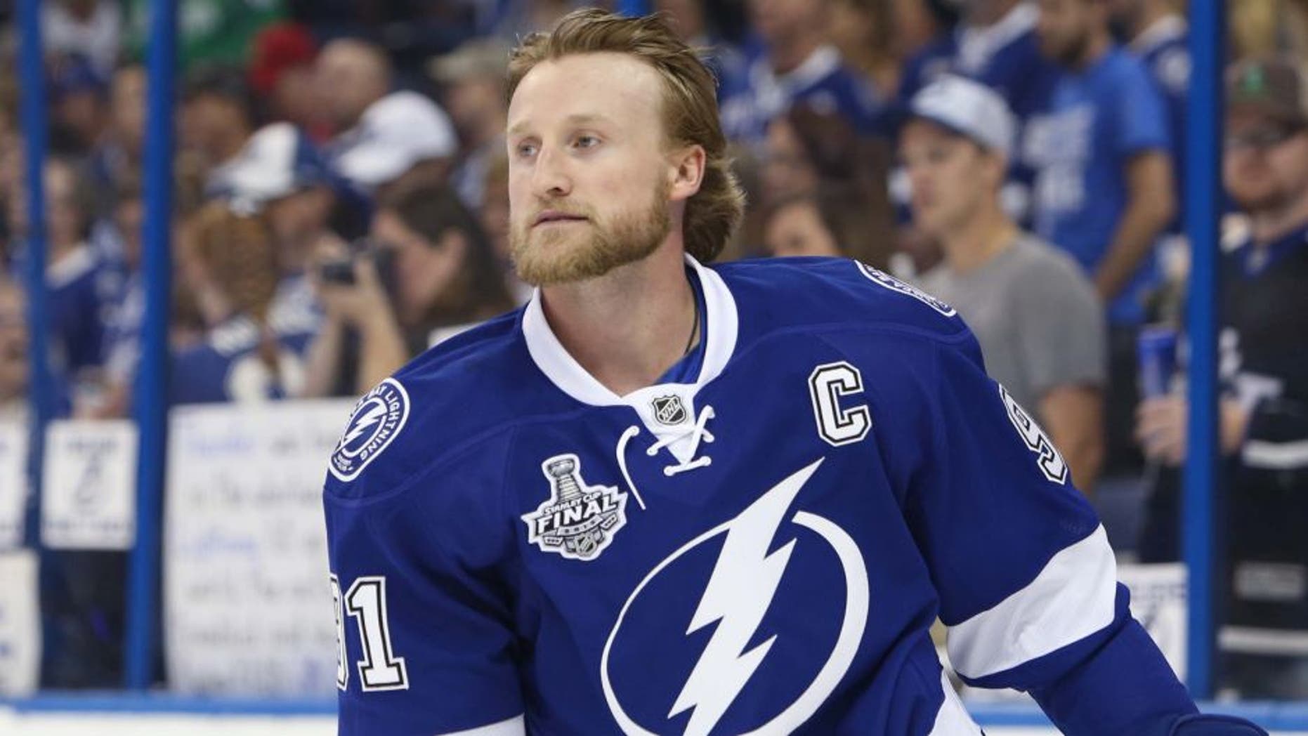 Jun 6, 2015; Tampa, FL, USA; Tampa Bay Lightning center Steven Stamkos (91) before game two of the 2015 Stanley Cup Final against the Chicago Blackhawks at Amalie Arena. Mandatory Credit: Kim Klement-USA TODAY Sports