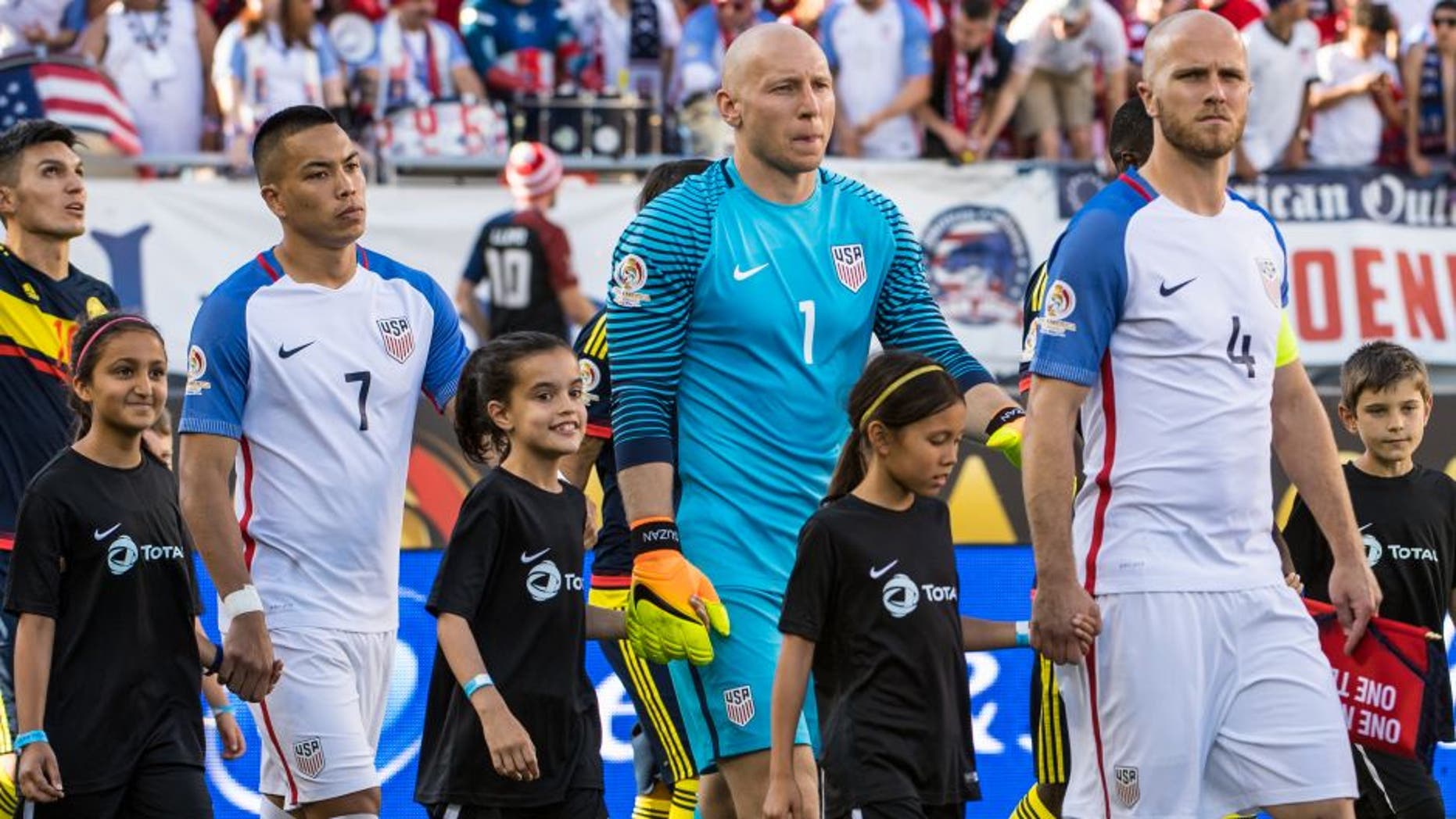 SANTA CLARA, CA - JUNE 3: Michael Bradley #4 of United States leads the team on to the field for the Copa America Centenario Group A match between the United States and Columbia at Levi's Stadium on June 3, 2016 in Santa Clara, California. Colombia won the match 2-0 (Photo by Shaun Clark/Getty Images)