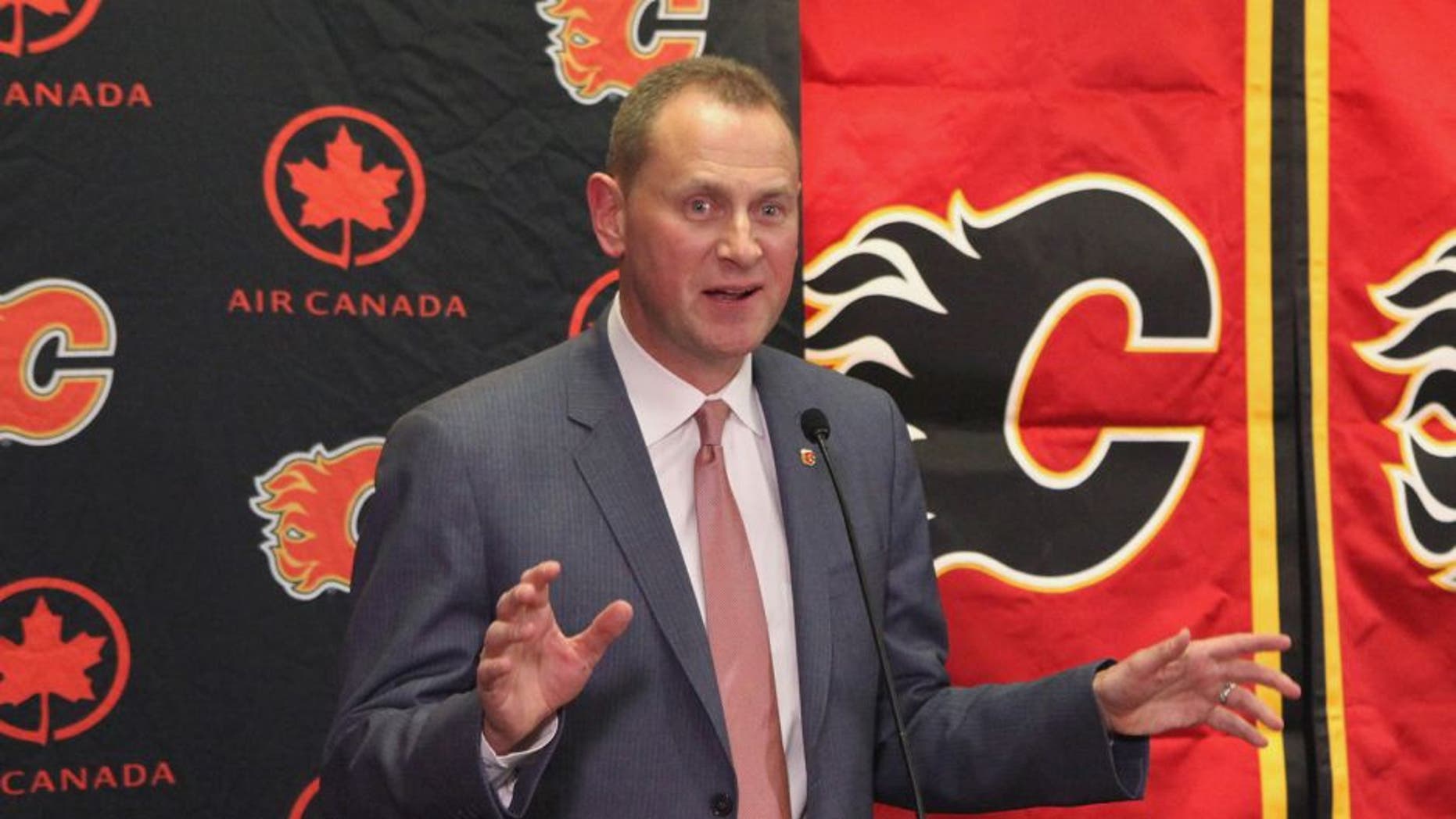 CALGARY, AB - APRIL 28: General Manager Brad Treliving of the Calgary Flames discusses his plans for the team's future at Scotiabank Saddledome on April 28, 2014 in Calgary, Alberta, Canada. (Photo by Janette Ahrens/NHLI via Getty Images)