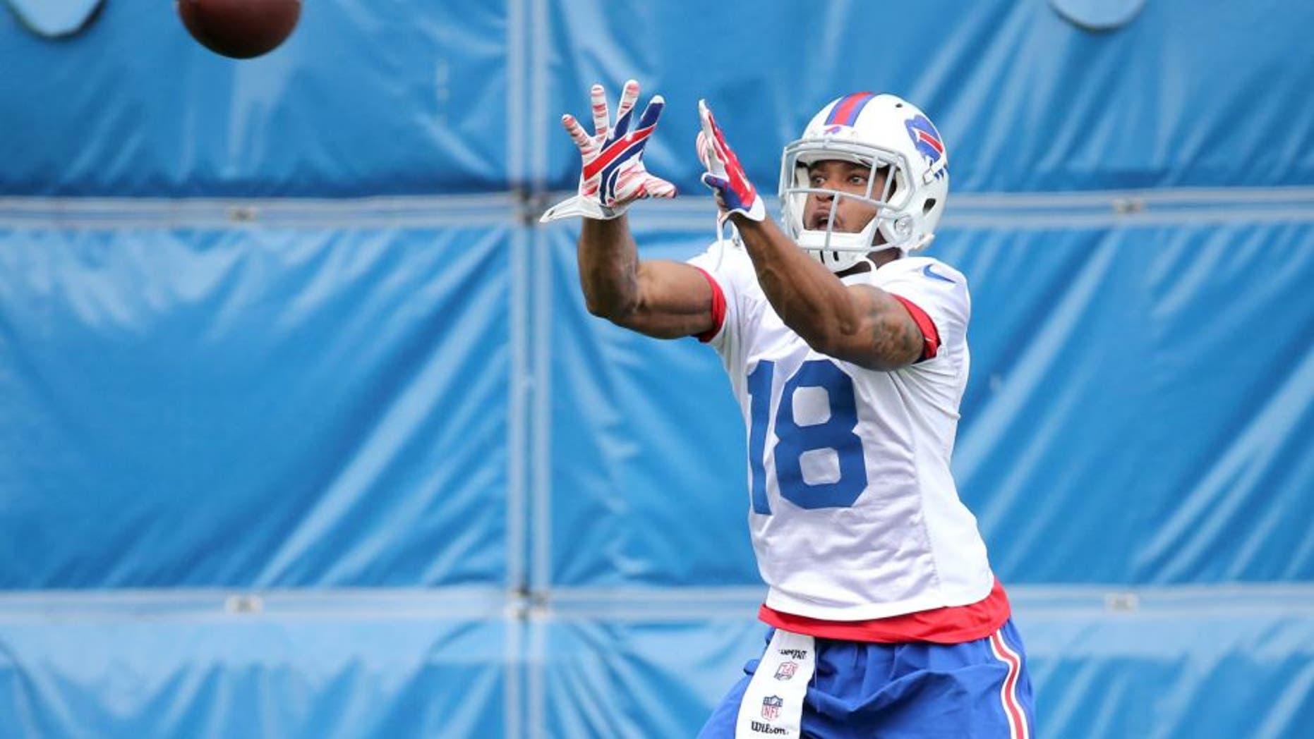 May 26, 2015; Orchard Park, NY, USA; Buffalo Bills wide receiver Percy Harvin (18) catches a pass during the organized team activities at the ADPRO Sports Training Center. Mandatory Credit: Kevin Hoffman-USA TODAY Sports