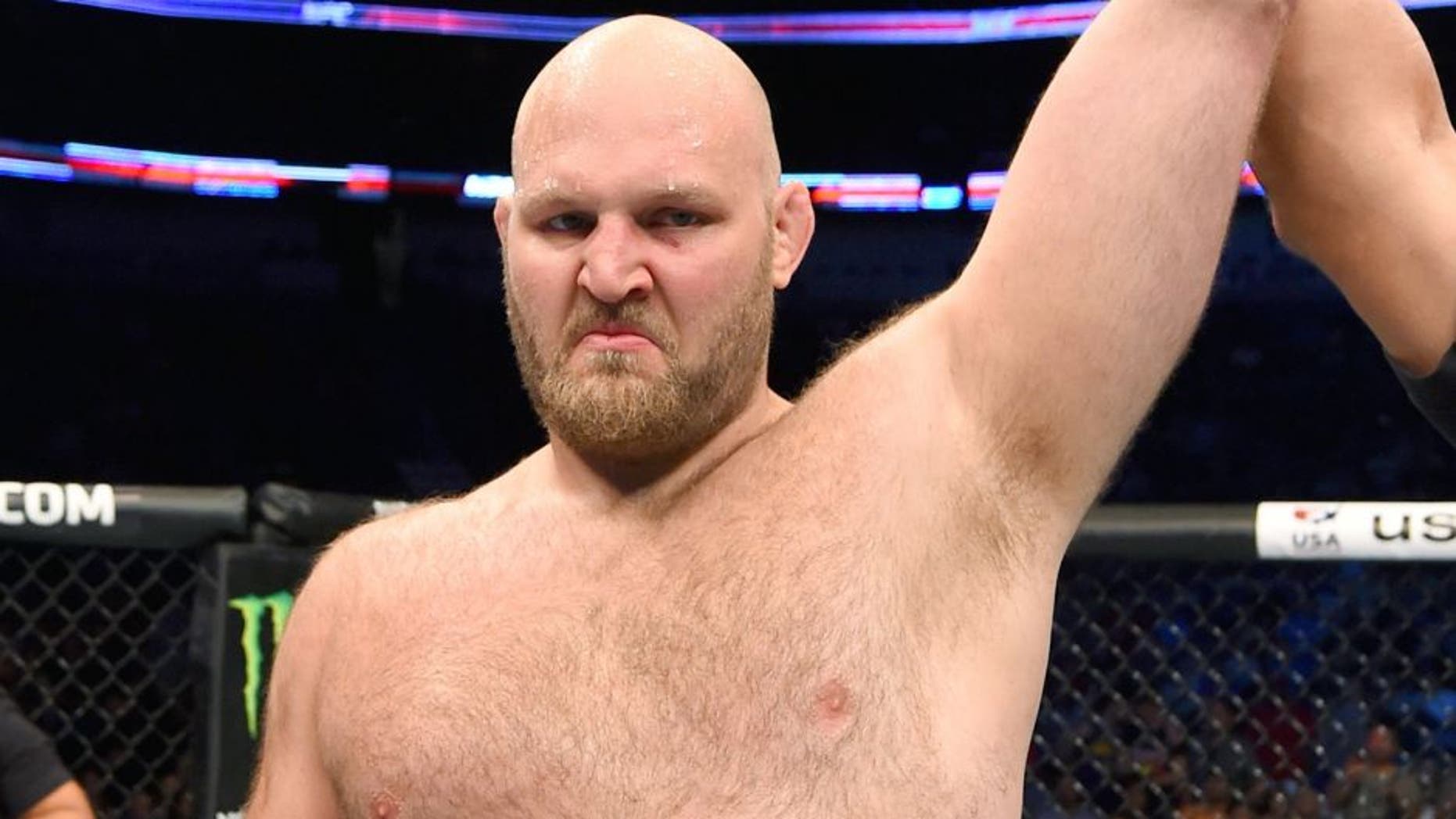 NEW ORLEANS, LA - JUNE 06: Ben Rothwell celebrates his submission victory over Matt Mitrione in their heavyweight bout during the UFC event at the Smoothie King Center on June 6, 2015 in New Orleans, Louisiana. (Photo by Josh Hedges/Zuffa LLC/Zuffa LLC via Getty Images)