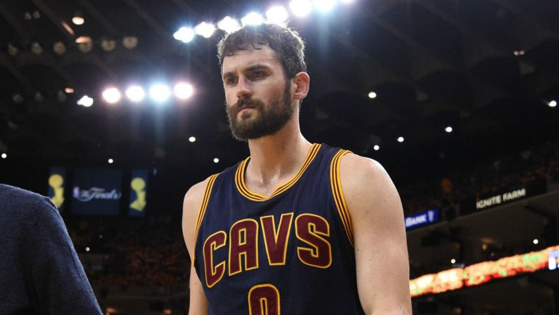 Jun 5, 2016; Oakland, CA, USA; Cleveland Cavaliers forward Kevin Love (0) leaves the bench during the third quarter against the Golden State Warriors in game two of the NBA Finals at Oracle Arena. Mandatory Credit: Kyle Terada-USA TODAY Sports