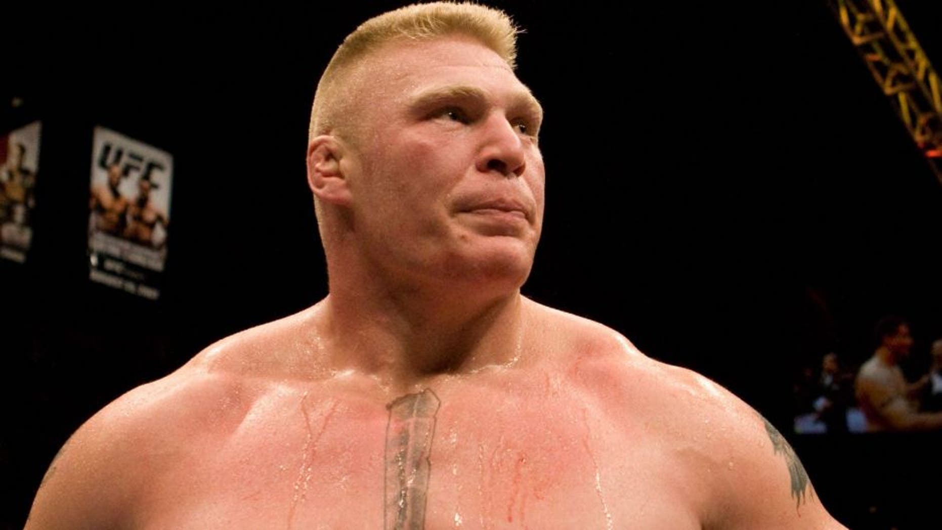 LAS VEGAS - FEBRUARY 2: Frank Mir (red/black shorts) def. Brock Lesnar (white/black shorts) - Submission (knee bar) - 1:30 round 1 during the UFC 81 at Mandalay Bay on February 2, 2008 in Las Vegas, Nevada. (Photo by: Josh Hedges/Zuffa LLC via Getty Images)