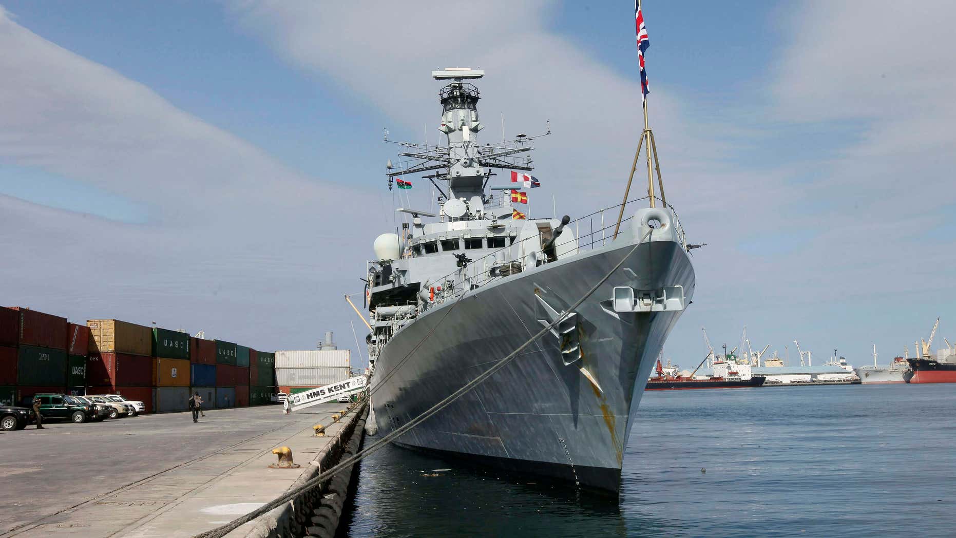 April 2, 2013: Britain's HMS Kent is docked at Tripoli port April 2, 2013. Five Libyan naval officers travelled on the British Royal Navy ship from Portsmouth, whose visit was part of bettering cooperation between Britain and the North African country..